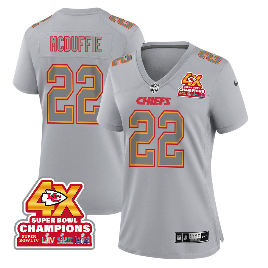 Trent McDuffie 22 Kansas City Chiefs Super Bowl LVIII Champions 4X Atmosphere Fashion Game Gray NFL Jersey Women's