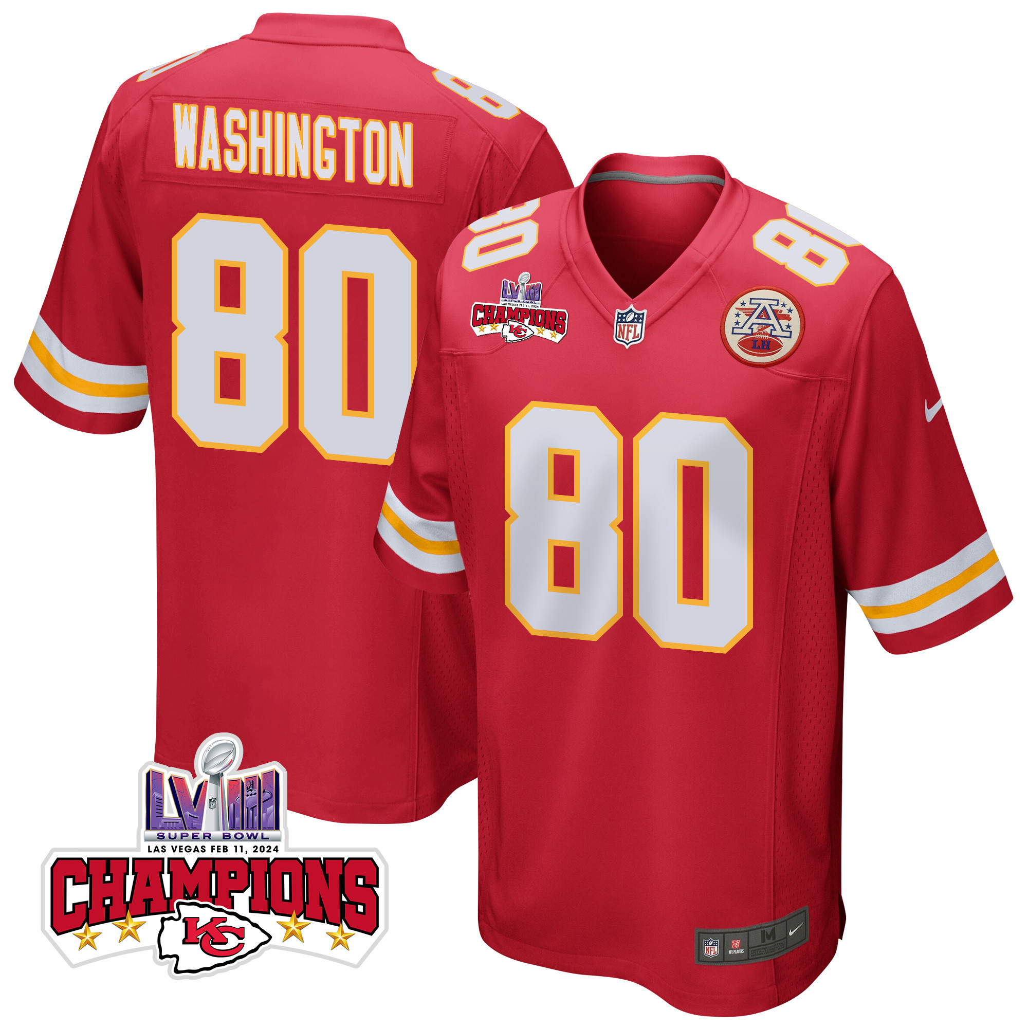 Montrell Washington 80 Kansas City Chiefs Super Bowl LVIII Champions 4 Stars Patch Game Red NFL Jersey Men's