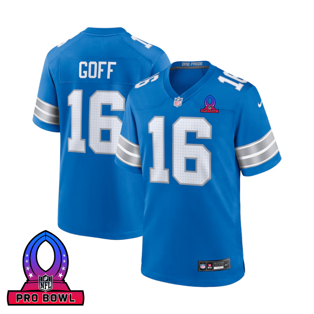 Jared Goff 16 Detroit Lions 2025 Pro Bowl Patch Game Blue NFL Jersey Men's