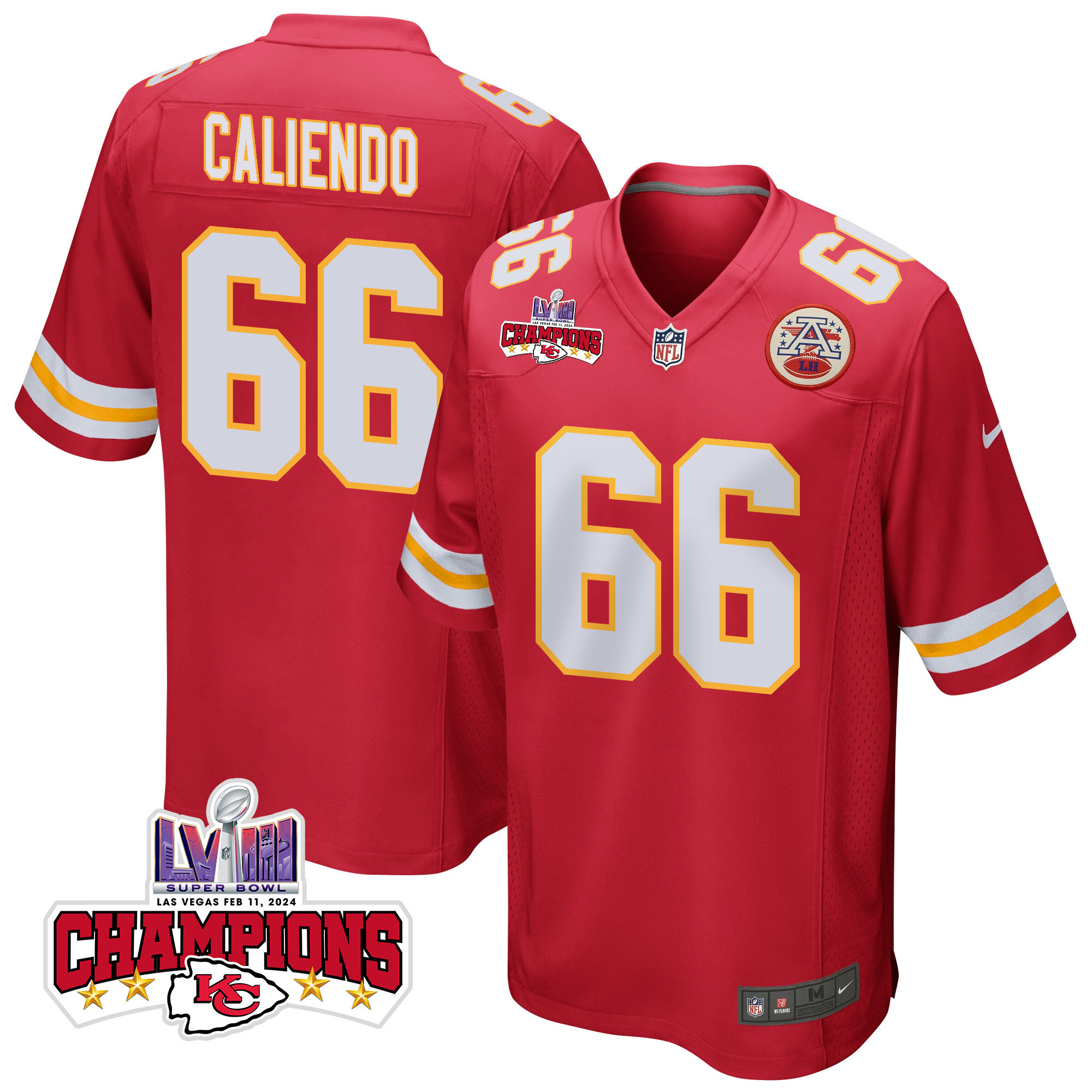 Mike Caliendo 66 Kansas City Chiefs Super Bowl LVIII Champions 4 Stars Patch Game Red NFL Jersey Men's