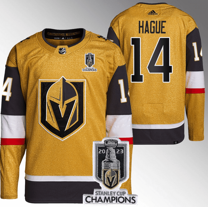 Nicolas Hague 14 Vegas Golden Knights 2023 Stanley Cup Champions Patch Breakaway Home Gold NHL Jersey Men's