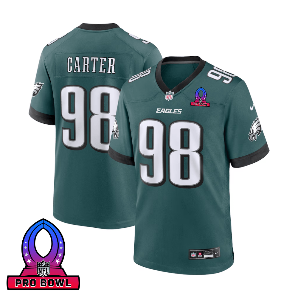 Jalen Carter 98 Philadelphia Eagles 2025 Pro Bowl Patch Game Midnight Green NFL Jersey Men's