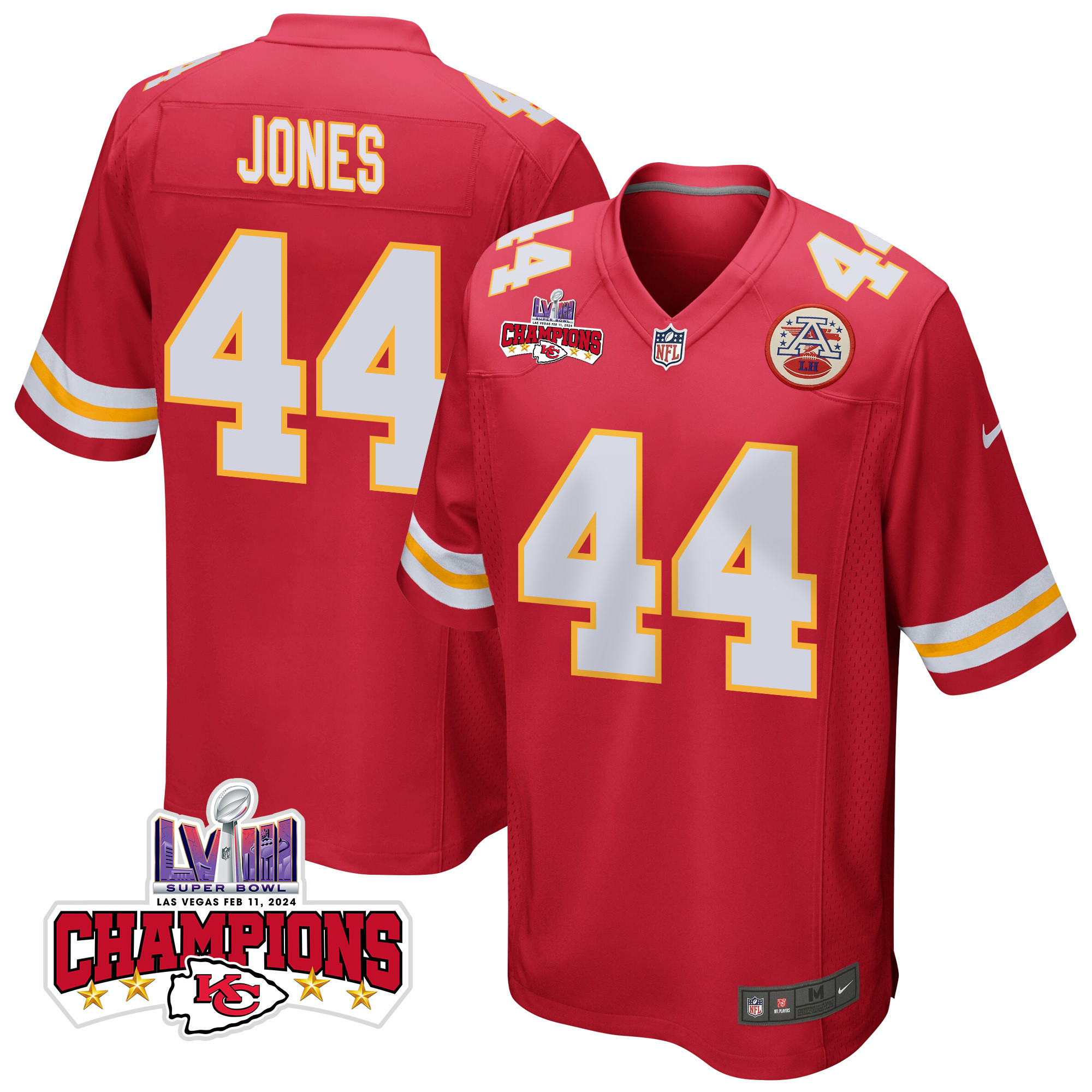 Cam Jones 44 Kansas City Chiefs Super Bowl LVIII Champions 4 Stars Patch Game Red NFL Jersey Men's