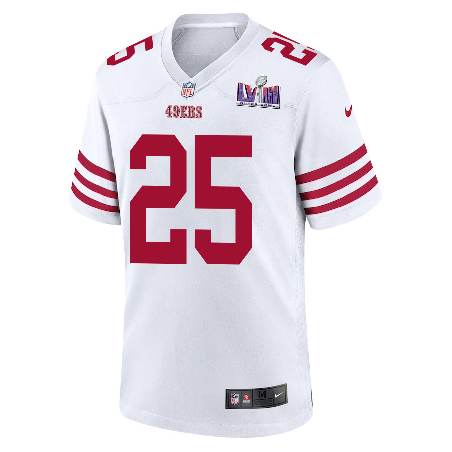 Elijah Mitchell 25 San Francisco 49ers Super Bowl LVIII Patch Game White NFL Jersey Men's