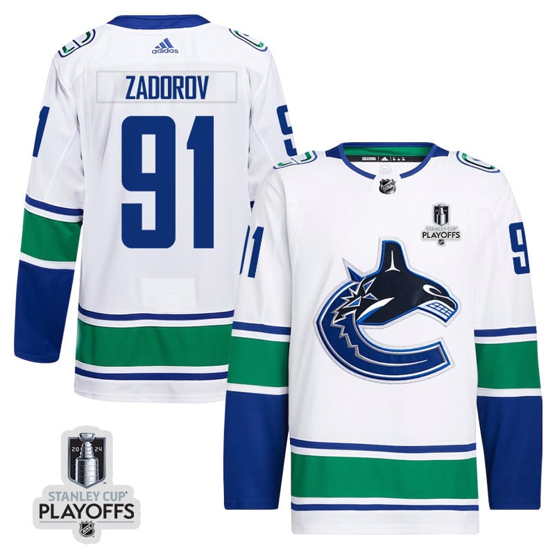 Nikita Zadorov 91 Vancouver Canucks 2024 Playoffs Patch Away White NHL Jersey Men's