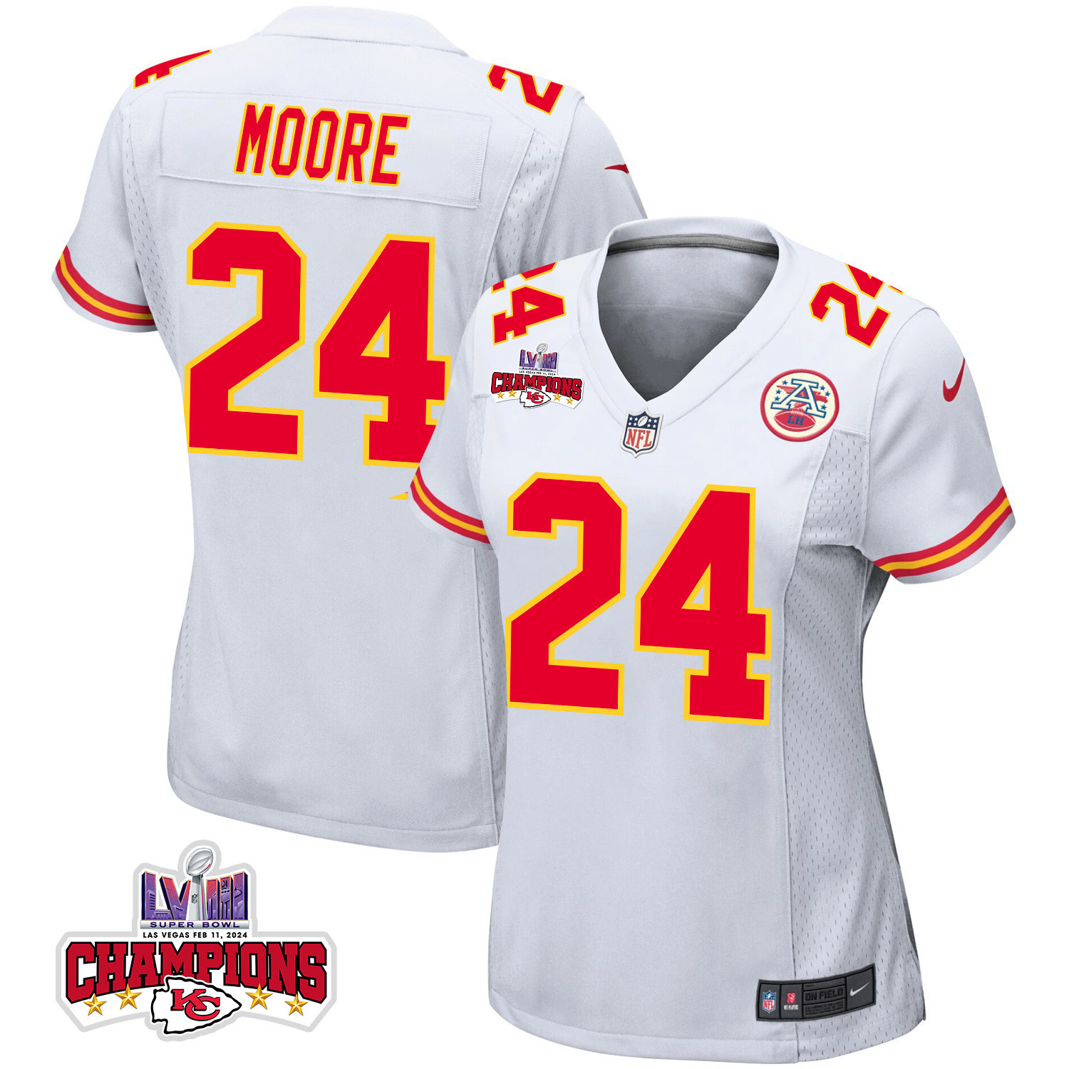Skyy Moore 24 Kansas City Chiefs Super Bowl LVIII Champions 4 Stars Patch Game White NFL Jersey Women's