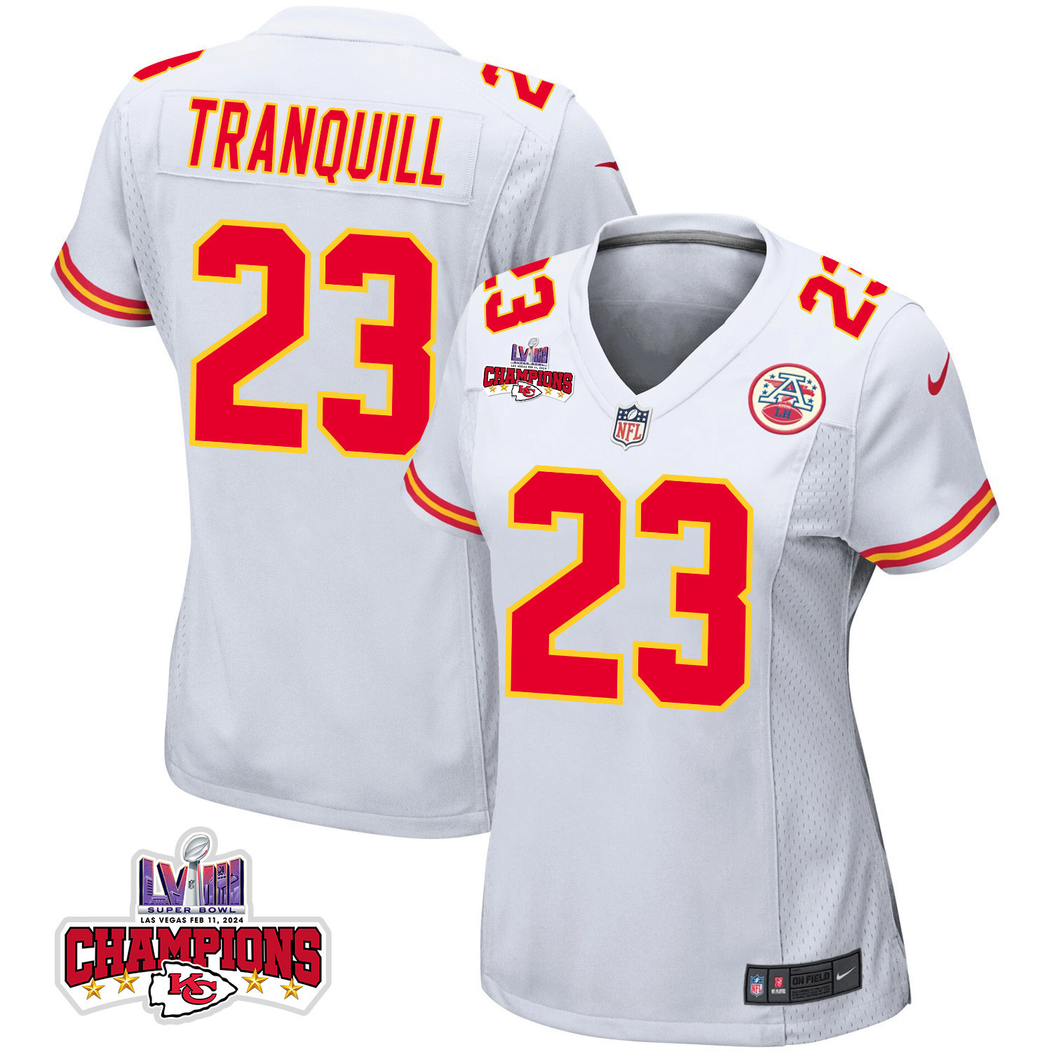 Drue Tranquill 23 Kansas City Chiefs Super Bowl LVIII Champions 4 Stars Patch Game White NFL Jersey Women's