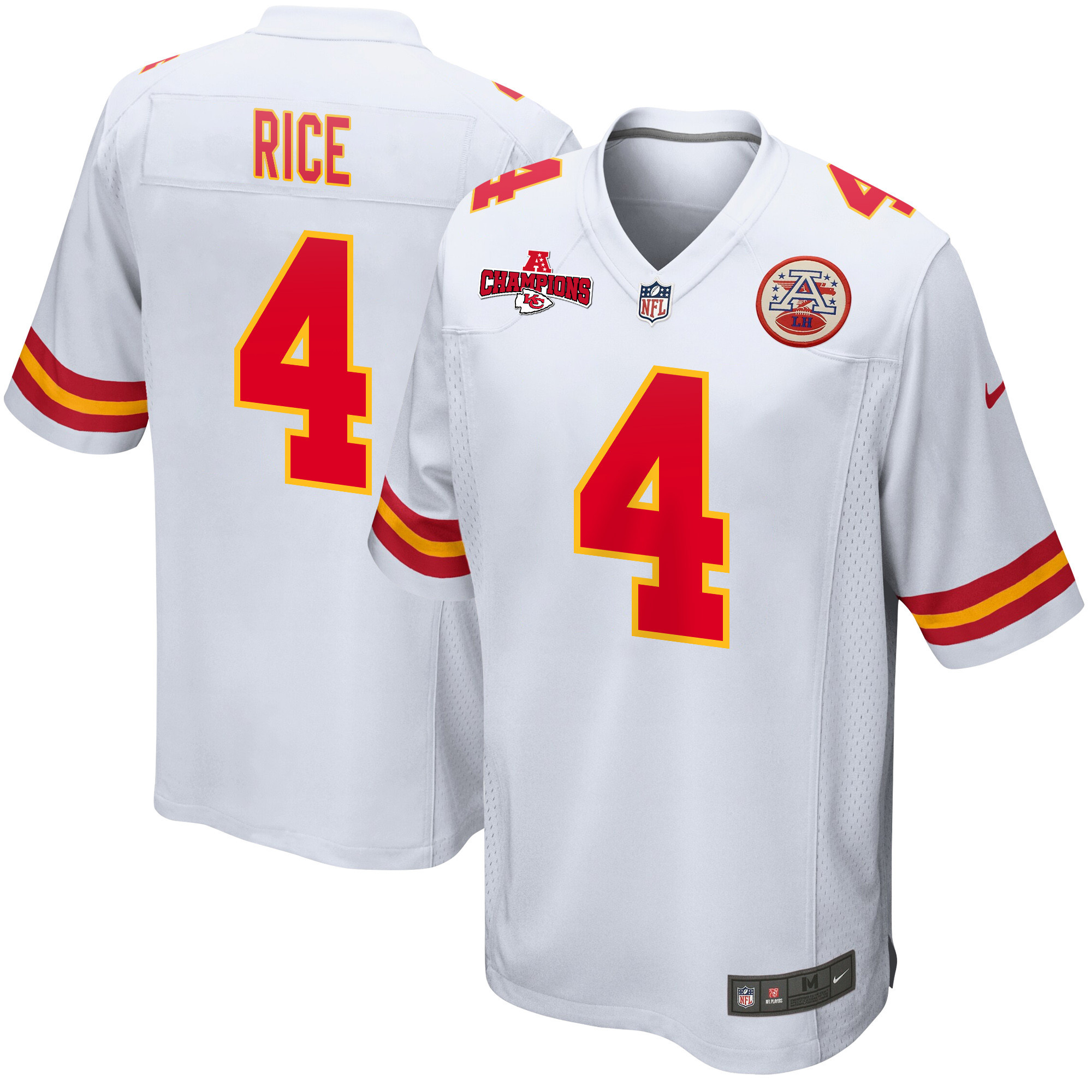 Rashee Rice 4 Kansas City Chiefs AFC Champions Patch Game White NFL Jersey Men's