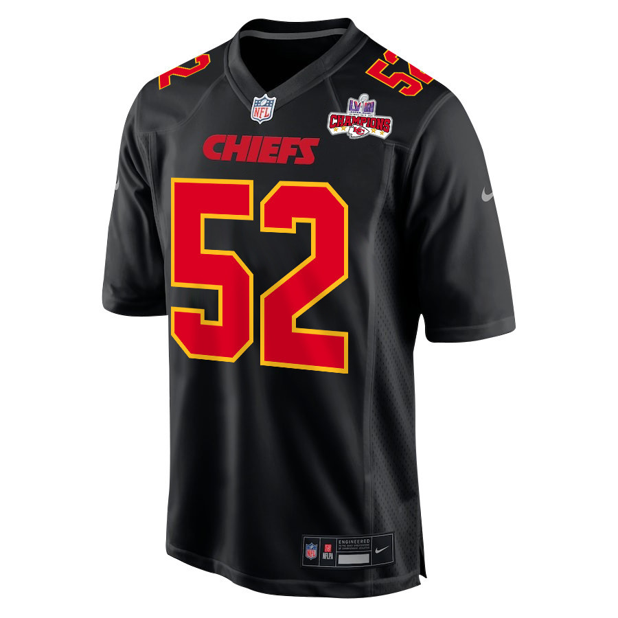 Creed Humphrey 52 Kansas City Chiefs Super Bowl LVIII Champions 4 Stars Patch Fashion Game Carbon Black NFL Jersey Men's