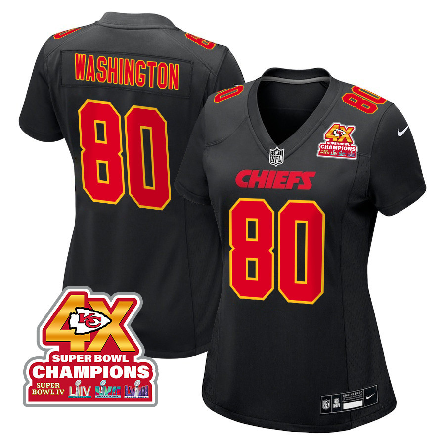 Montrell Washington 80 Kansas City Chiefs Super Bowl LVIII Champions 4X Fashion Game Carbon Black NFL Jersey Women's