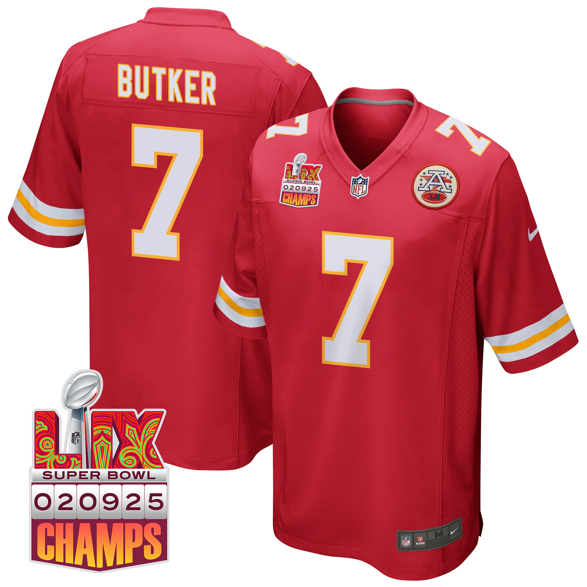 Harrison Butker 7 Kansas City Chiefs Super Bowl LIX Champions Patch Game Red NFL Jersey Men's