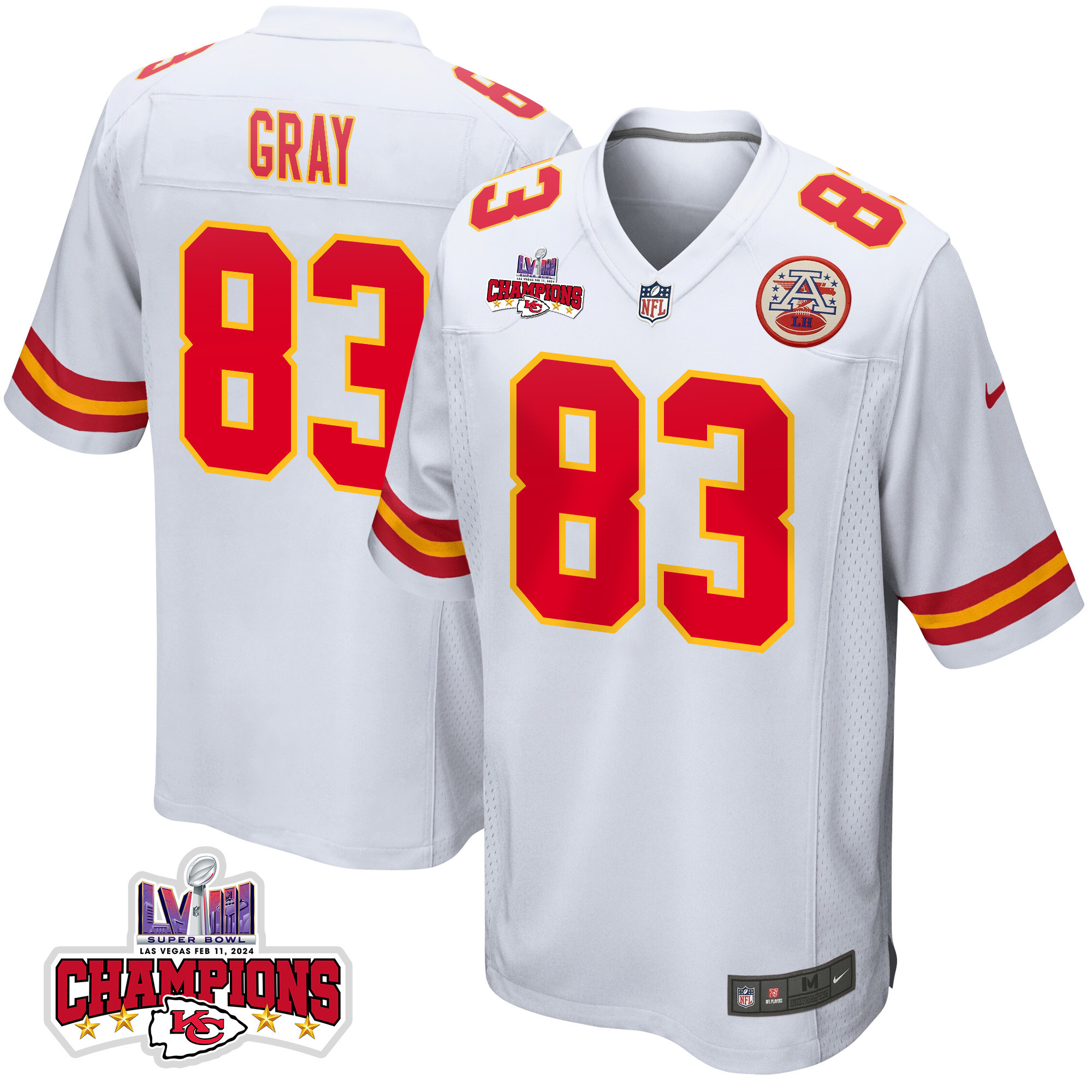 Noah Gray 83 Kansas City Chiefs Super Bowl LVIII Champions 4 Stars Patch Game White NFL Jersey Men's