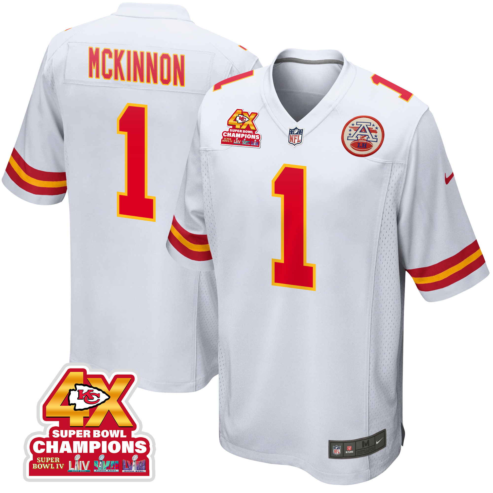 Jerick McKinnon 1 Kansas City Chiefs Super Bowl LVIII Champions 4X Game White NFL Jersey Men's