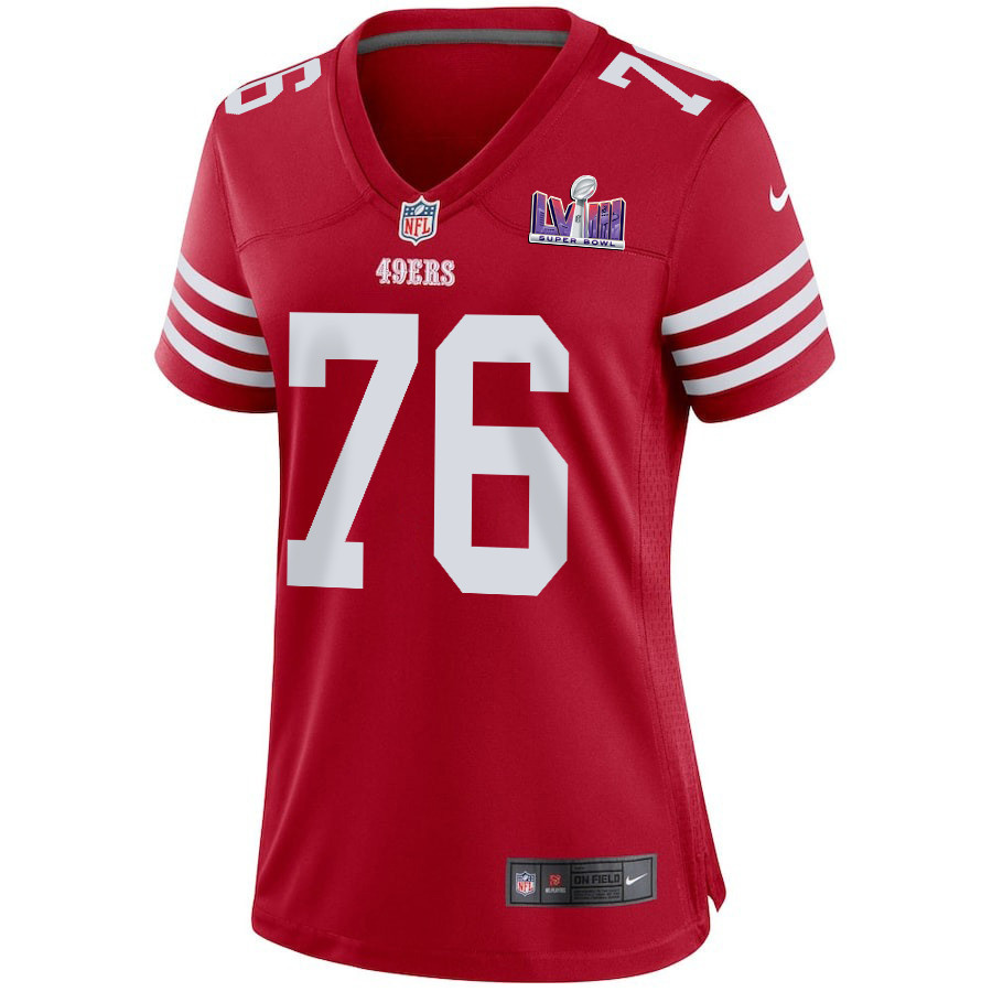 Jaylon Moore 76 San Francisco 49ers Super Bowl LVIII Patch Game Scarlet NFL Jersey Women's