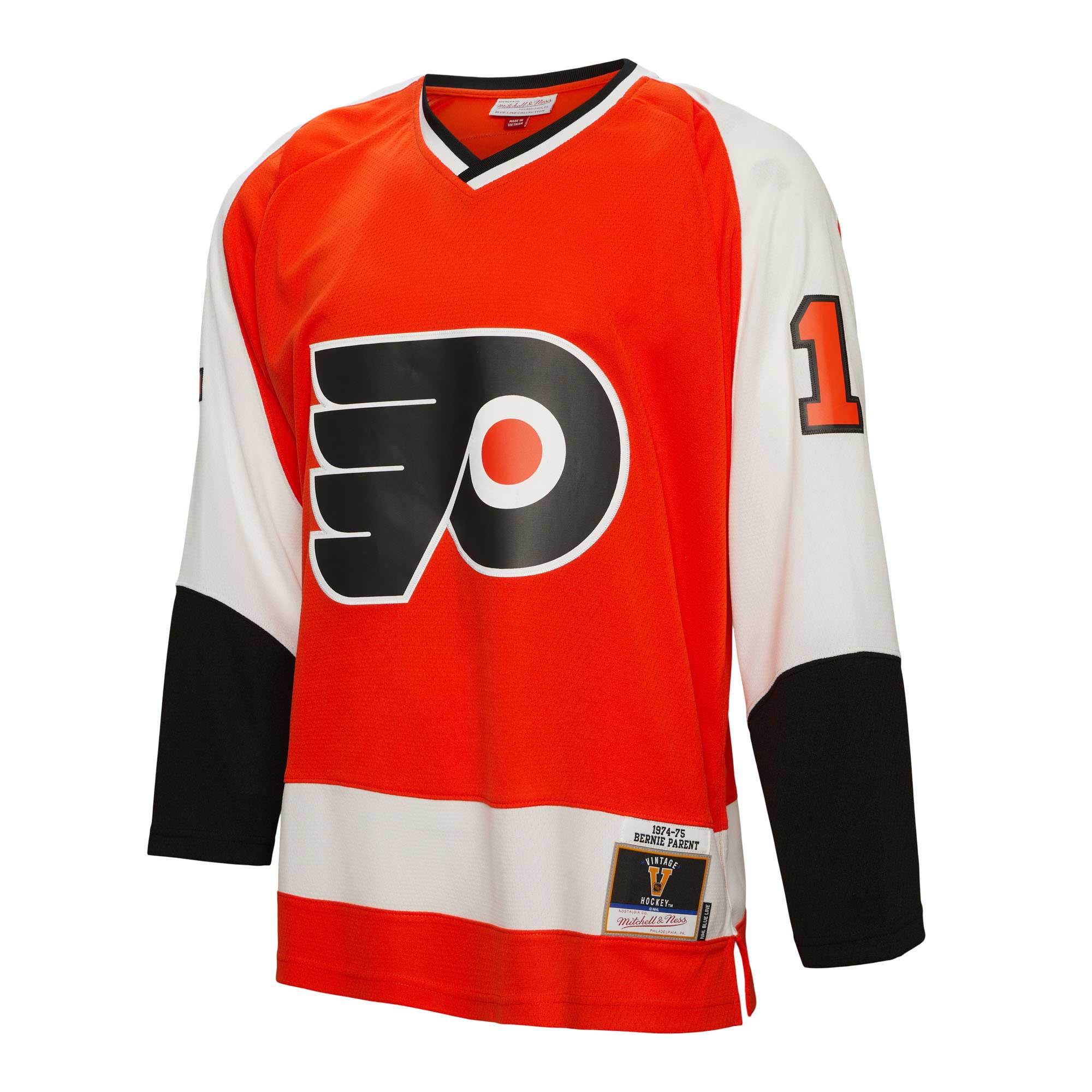 Philadelphia Flyers Bernie Parent Mitchell Ness Orange 1974/75 Blue Line Player NHL Jersey Men's
