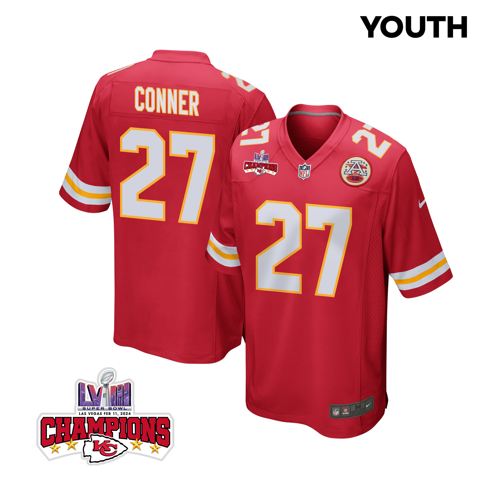 Chamarri Conner 27 Kansas City Chiefs Super Bowl LVIII Champions 4 Stars Patch Game Red NFL Jersey Youth