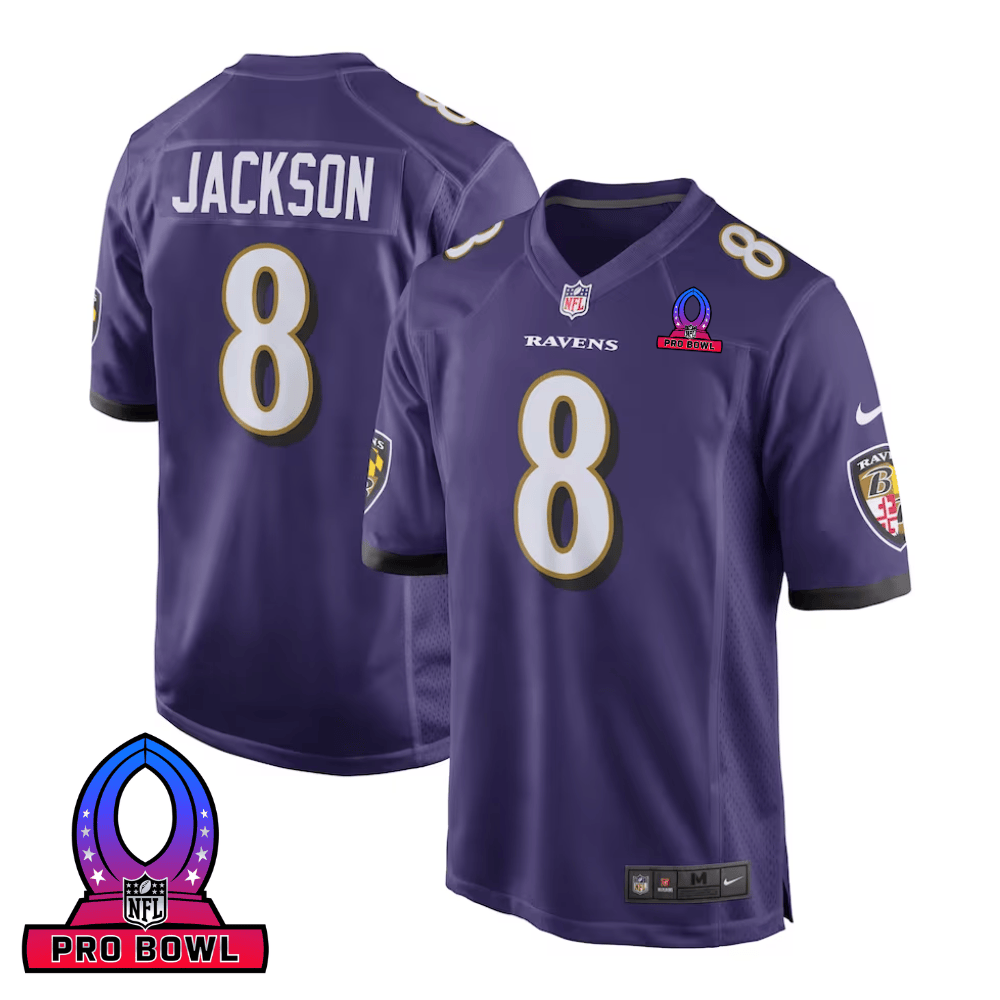 Lamar Jackson 8 Baltimore Ravens 2025 Pro Bowl Patch Game Purple NFL Jersey Men's