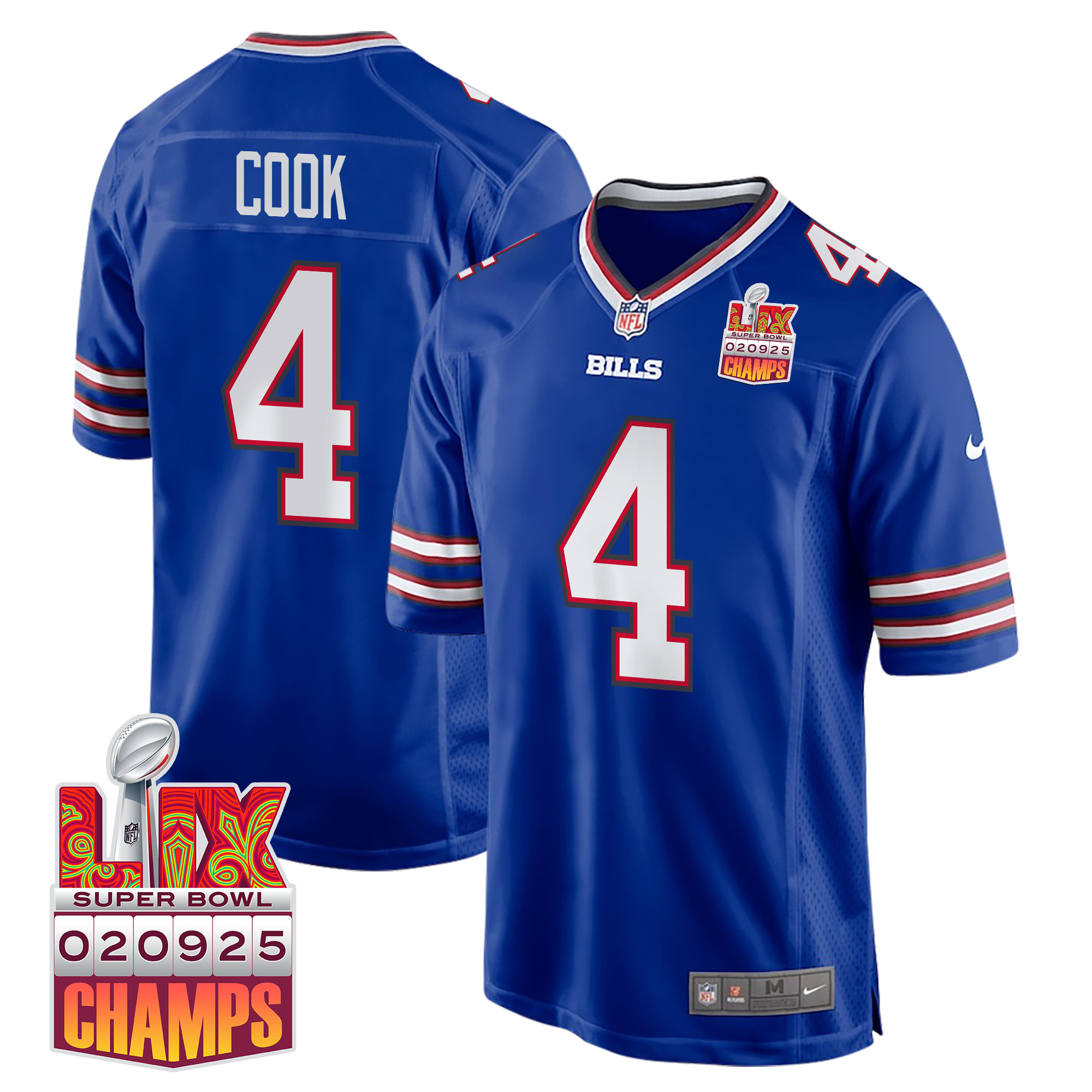 James Cook 4 Buffalo Bills Super Bowl LIX Champions Patch Game Royal NFL Jersey Men's