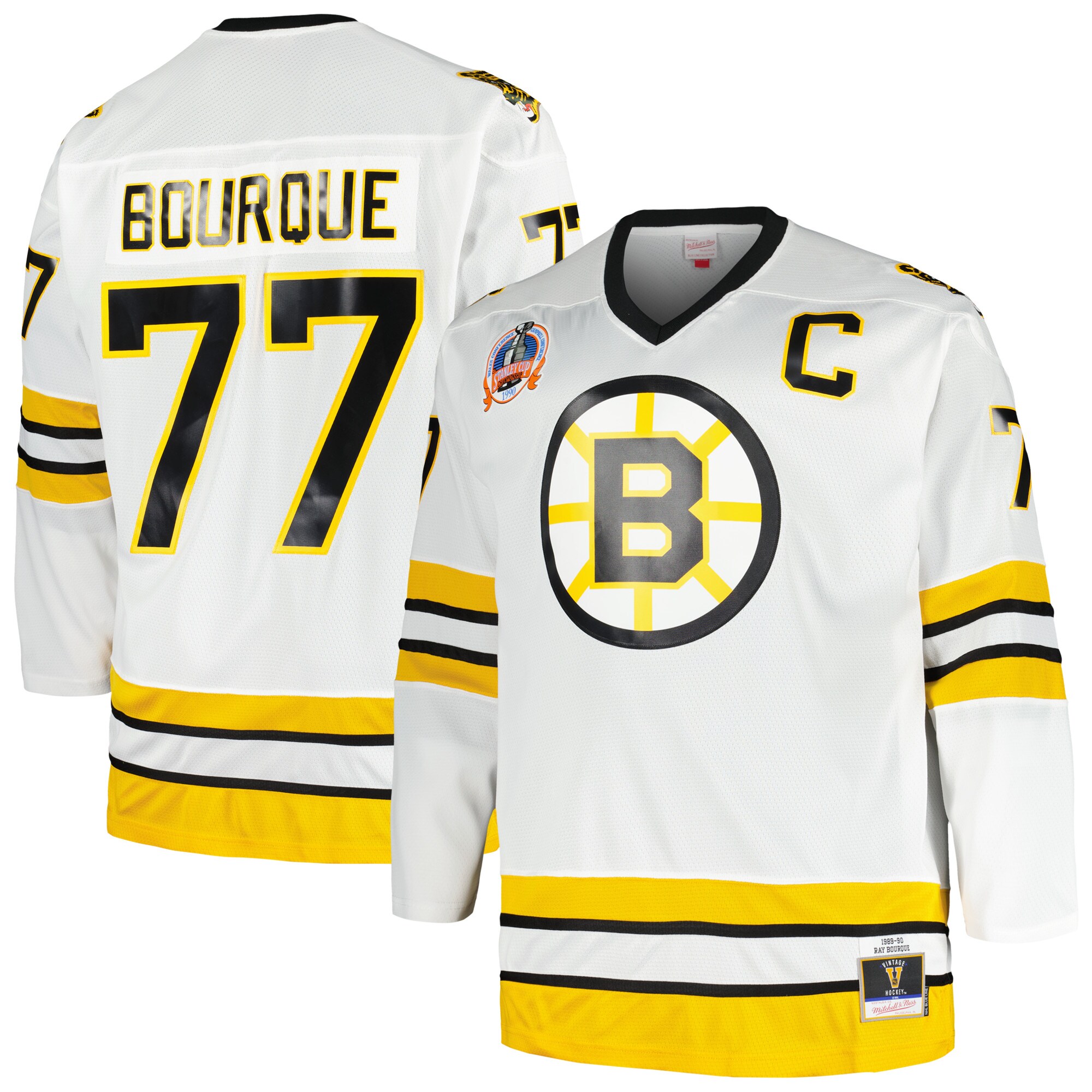 Boston Bruins Ray Bourque Mitchell Ness White Big Tall Captain Patch Blue Line Player NHL Jersey Men's
