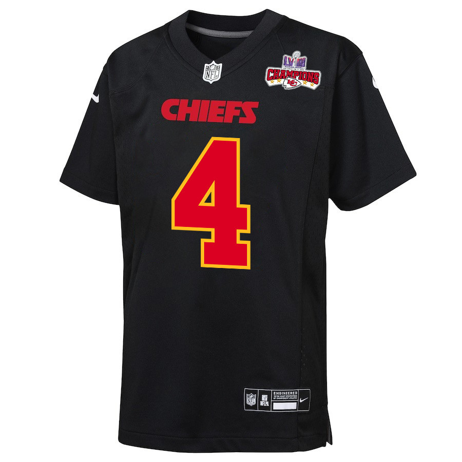 Rashee Rice 4 Kansas City Chiefs Super Bowl LVIII Champions 4 Stars Patch Fashion Game Carbon Black NFL Jersey Youth