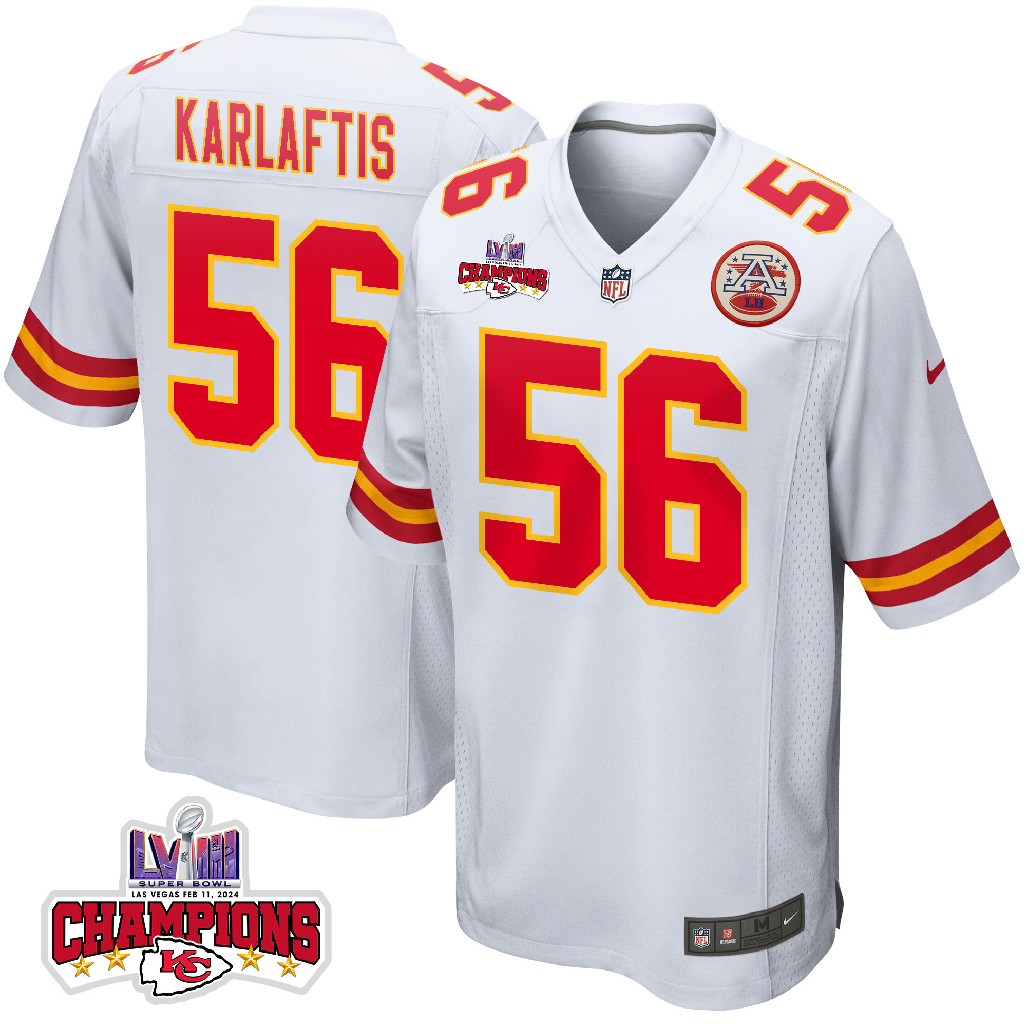 George Karlaftis 56 Kansas City Chiefs Super Bowl LVIII Champions 4 Stars Patch Game White NFL Jersey Men's