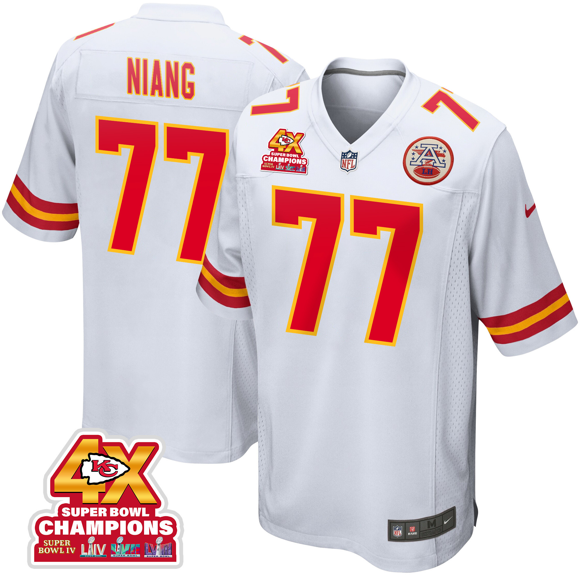 Lucas Niang 77 Kansas City Chiefs Super Bowl LVIII Champions 4X Game White NFL Jersey Men's