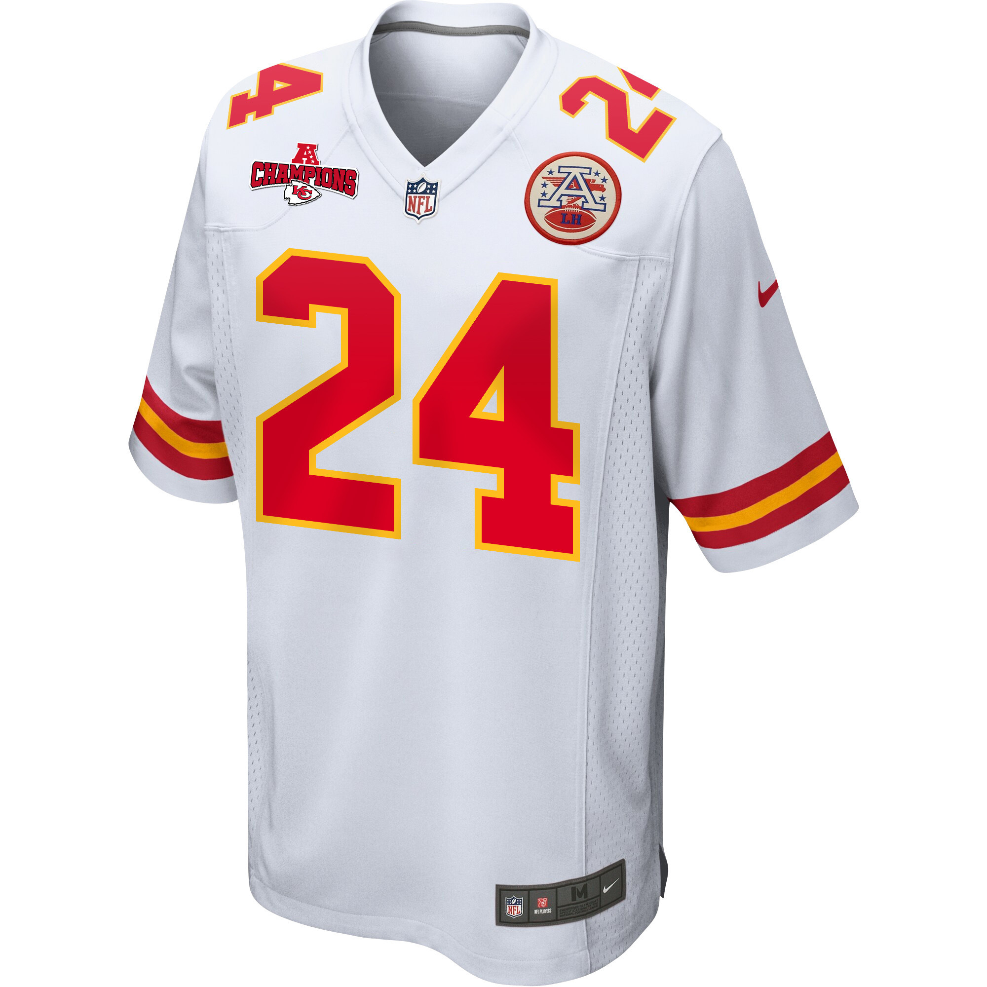 Skyy Moore 24 Kansas City Chiefs AFC Champions Patch Game White NFL Jersey Men's