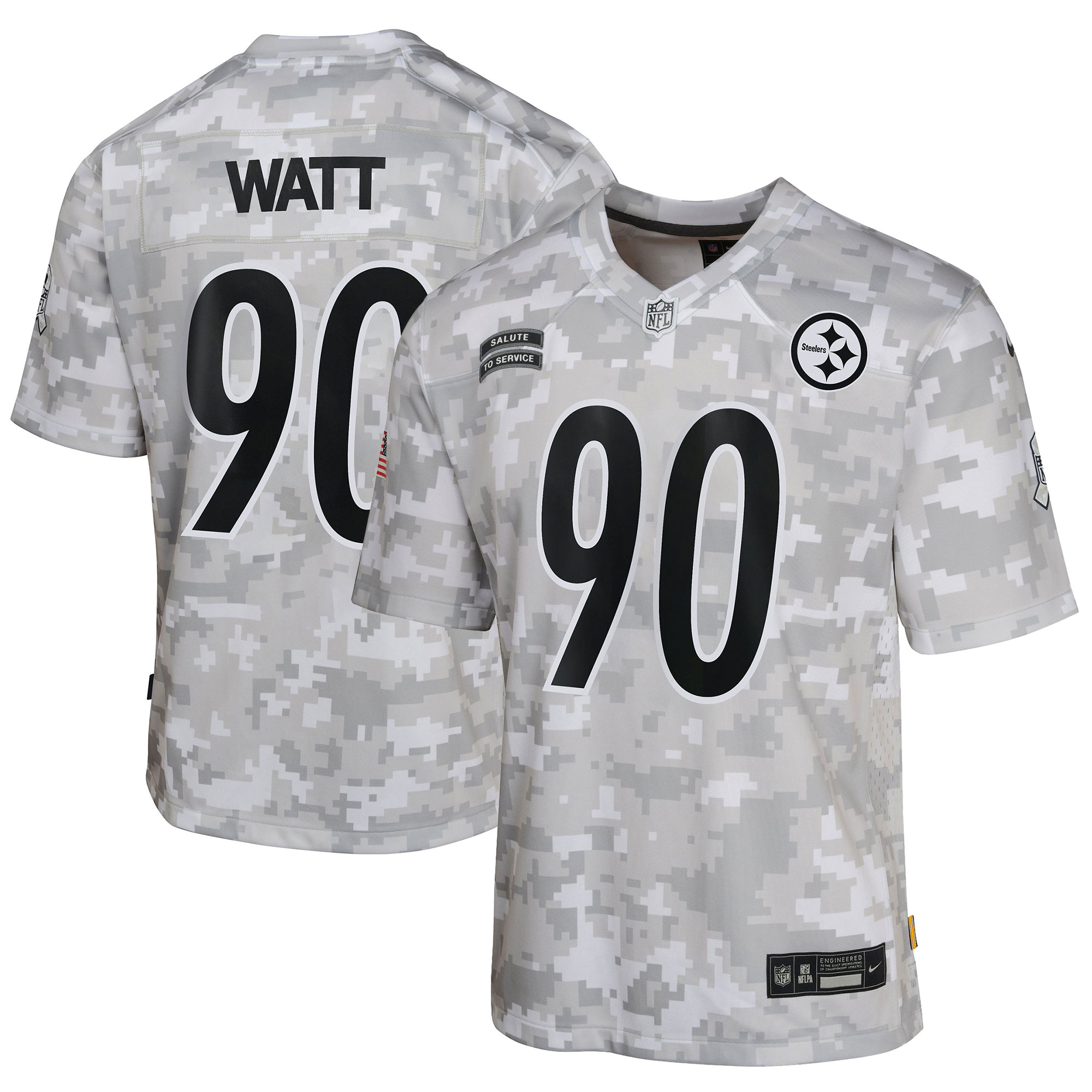 Pittsburgh Steelers T.J. Watt Arctic Camo 2024 Salute to Service Game NFL Jersey Youth