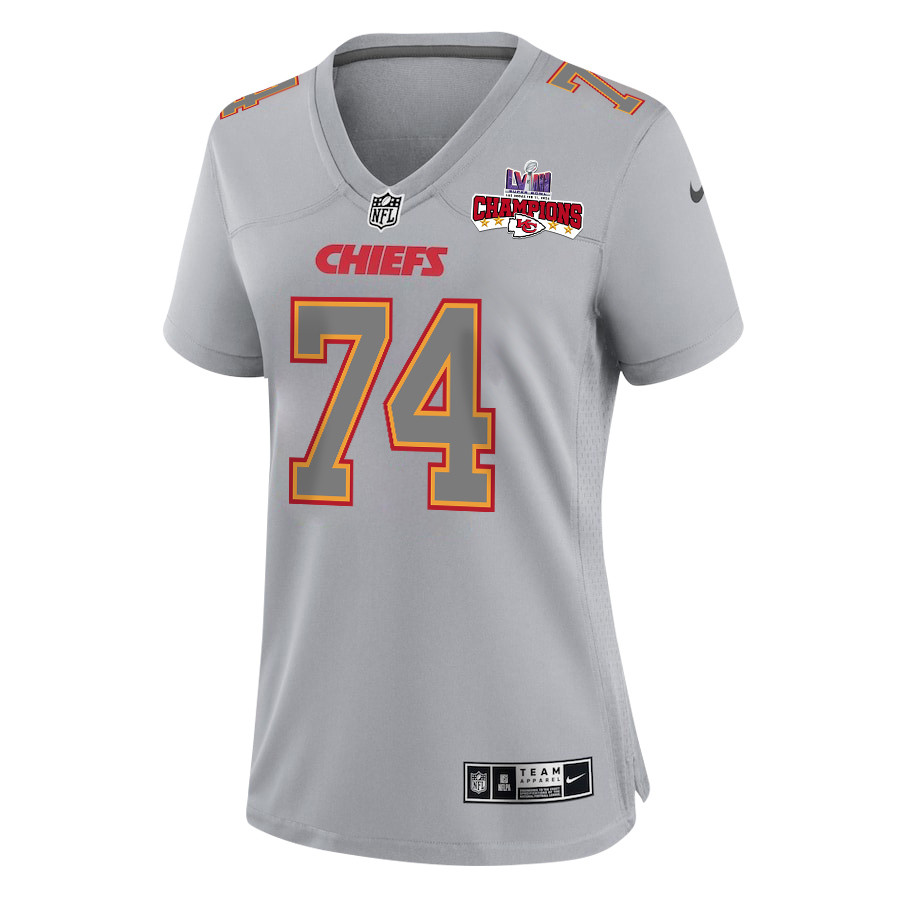Jawaan Taylor 74 Kansas City Chiefs Super Bowl LVIII Champions 4 Stars Patch Atmosphere Fashion Game Gray NFL Jersey Women's