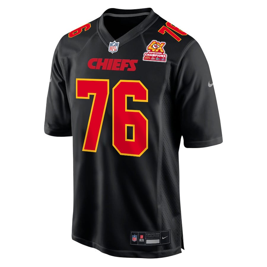 Prince Tega Wanogho 76 Kansas City Chiefs Super Bowl LVIII Champions 4X Fashion Game Carbon Black NFL Jersey Men's