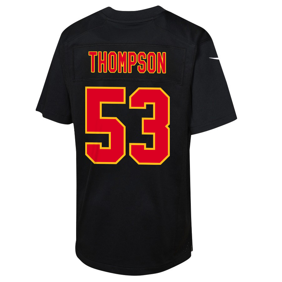BJ Thompson 53 Kansas City Chiefs Super Bowl LVIII Champions 4 Stars Patch Fashion Game Carbon Black NFL Jersey Youth