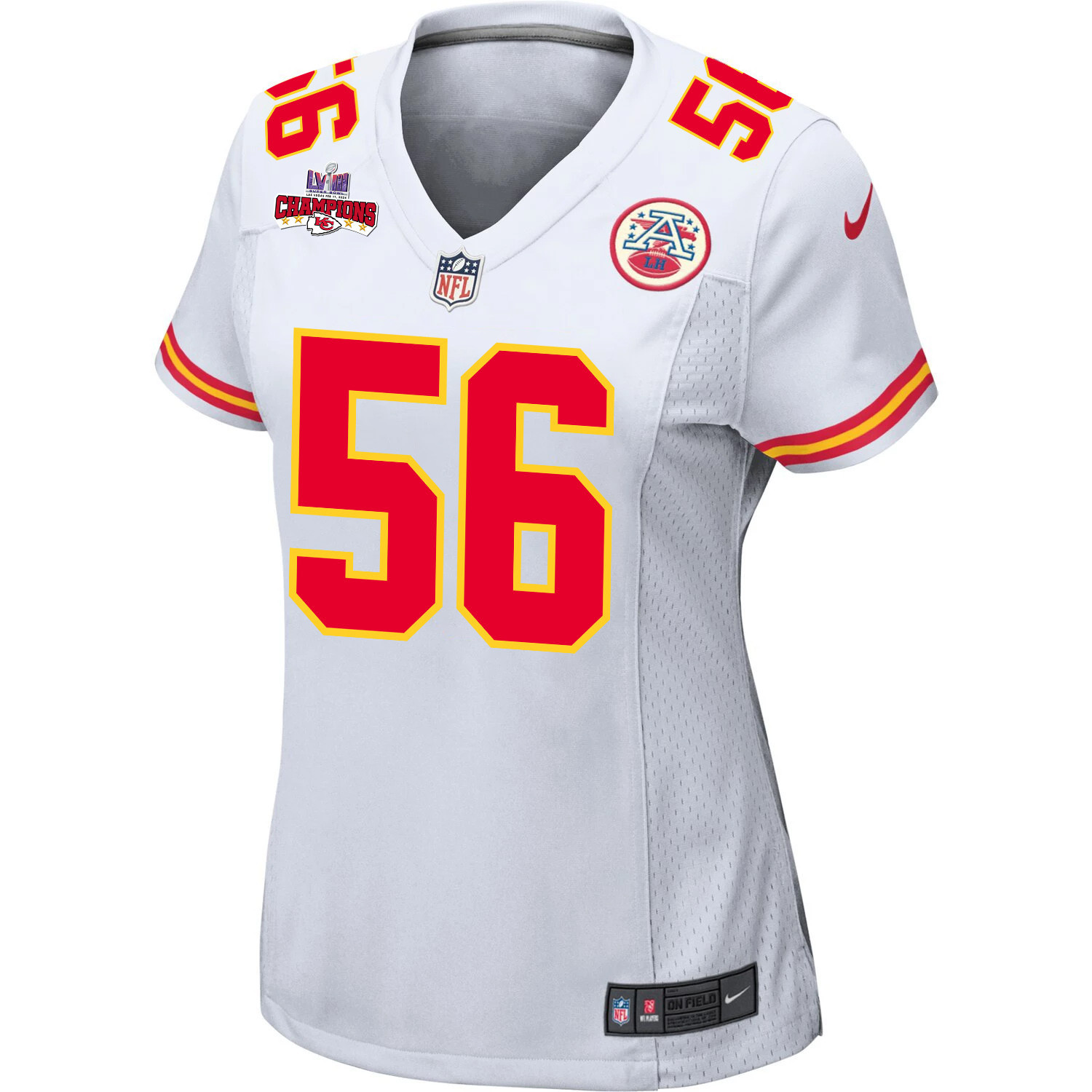 George Karlaftis 56 Kansas City Chiefs Super Bowl LVIII Champions 4 Stars Patch Game White NFL Jersey Women's