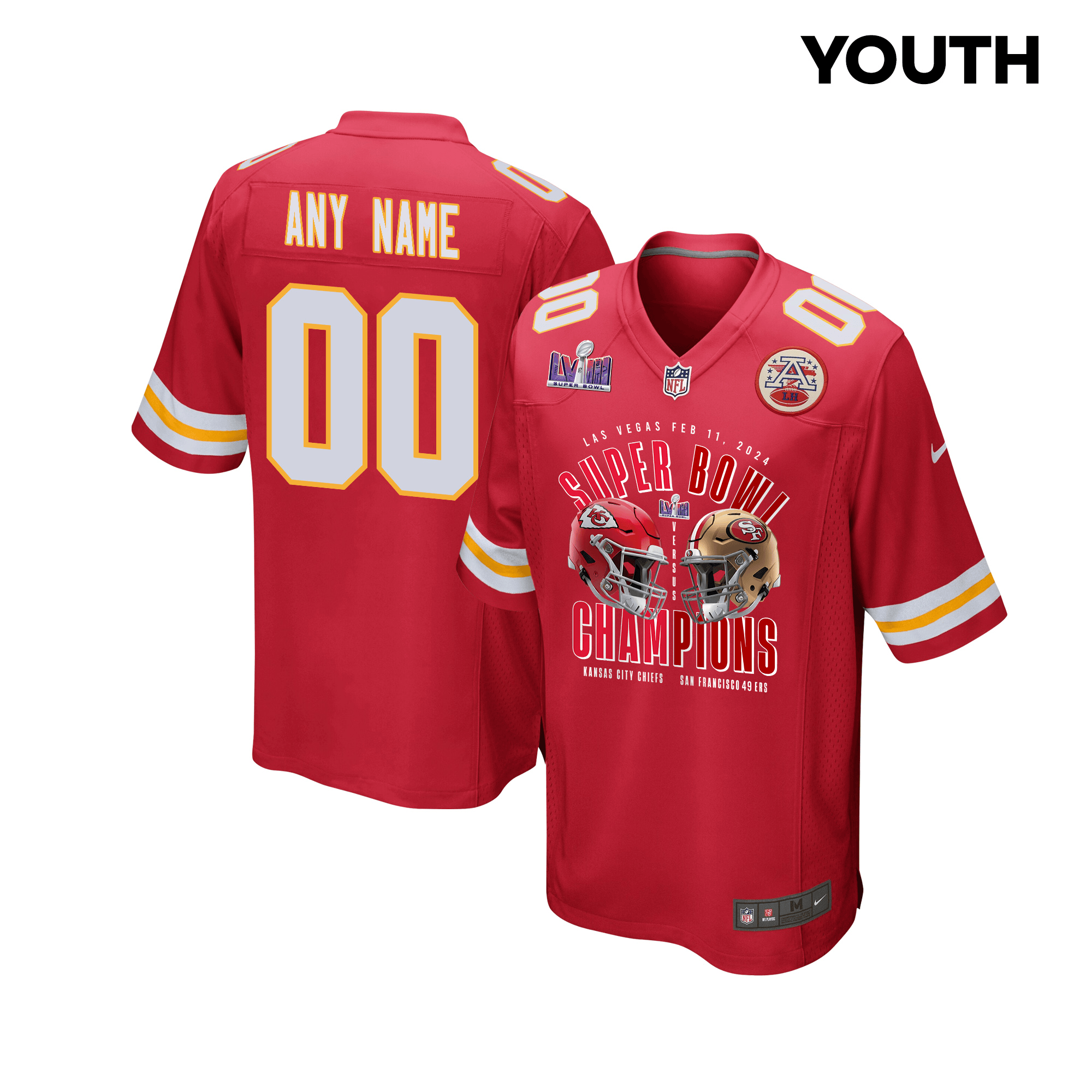 Kansas City Chiefs vs. San Francisco 49ers Super Bowl LVIII Matchup Game Custom Red NFL Jersey Youth