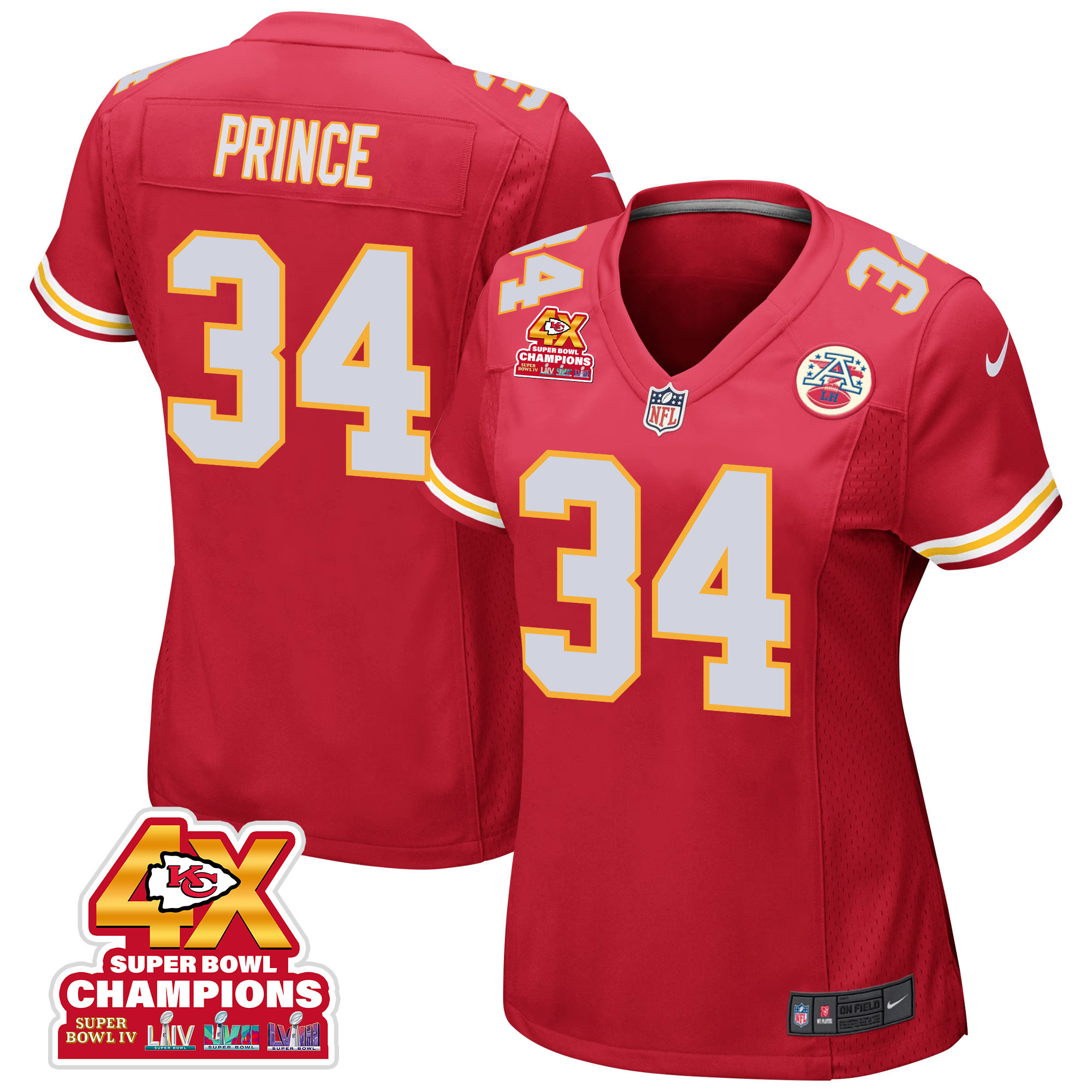 Deneric Prince 34 Kansas City Chiefs Super Bowl LVIII Champions 4X Game Red NFL Jersey Women's