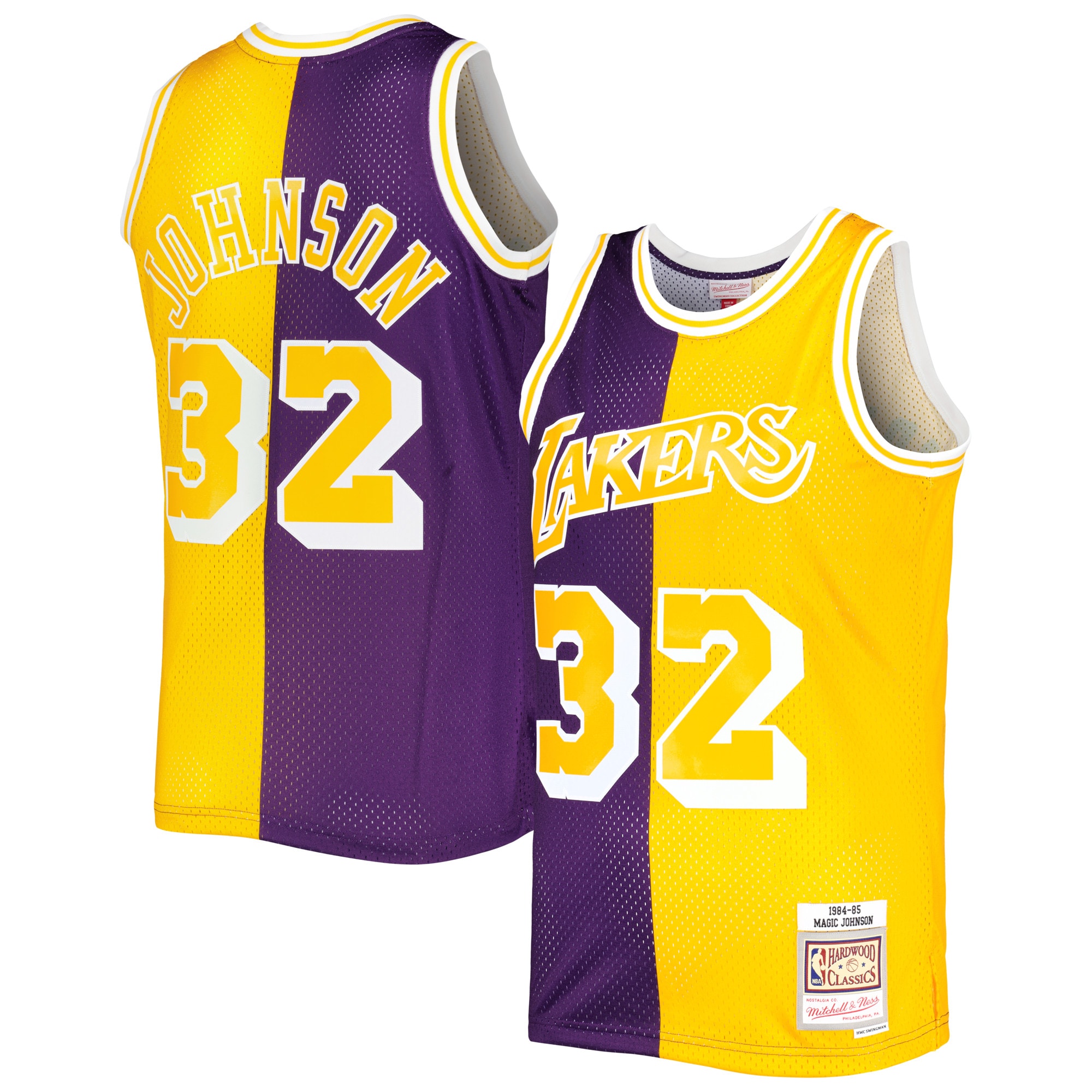 Mitchell Ness Magic Johnson Purple/Gold Los Angeles Lakers Hardwood Classics 1984/85 Split Swingman NBA Jersey Men's