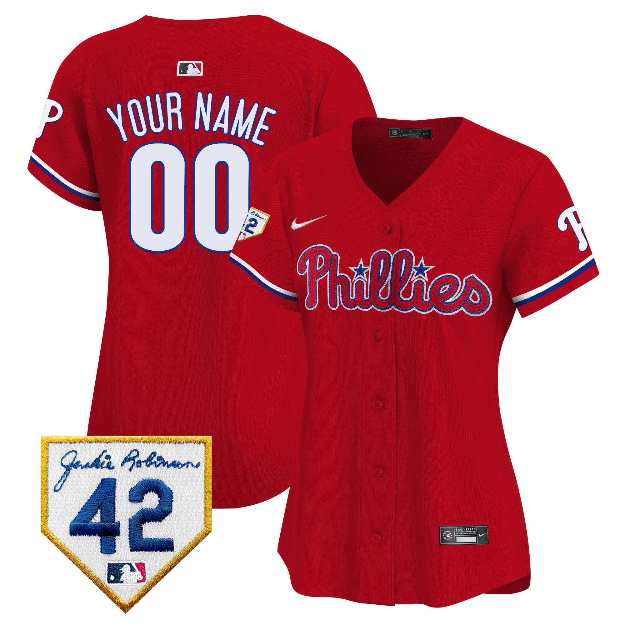 Philadelphia Phillies 2024 Jackie Robinson Patch Custom Red MLB Jersey Women's