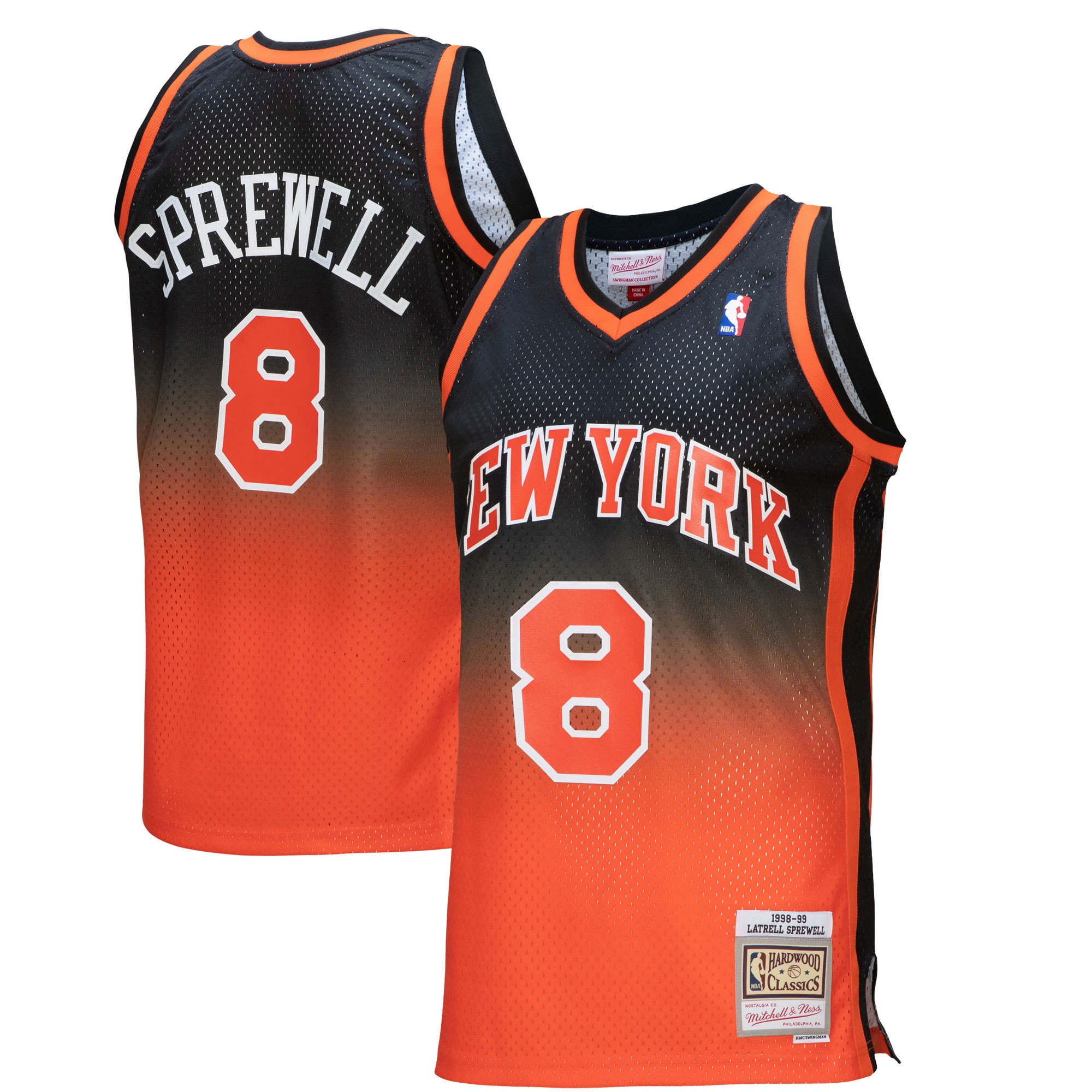 Mitchell Ness Latrell Sprewell Orange/Black New York Knicks 1998/99 Hardwood Classics Fadeaway Swingman Player NBA Jersey Men's