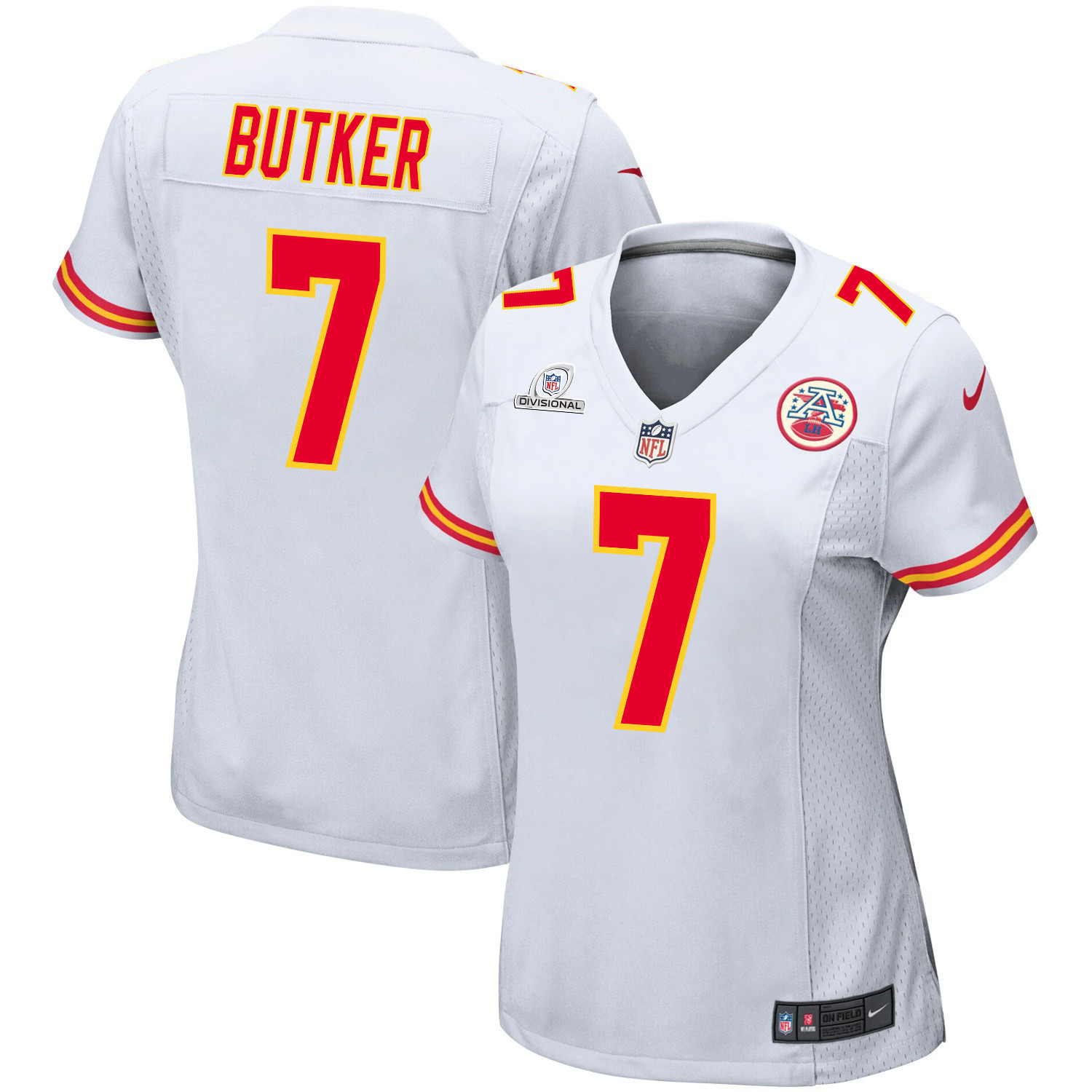 Harrison Butker 7 Kansas City Chiefs Super Bowl LVIII Patch Game White NFL Jersey Women's