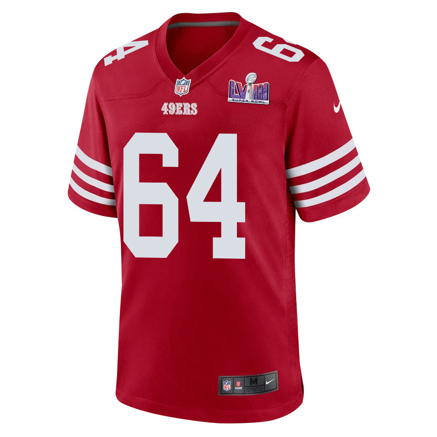 Jake Brendel 64 San Francisco 49ers Super Bowl LVIII Patch Game Scarlet NFL Jersey Men's
