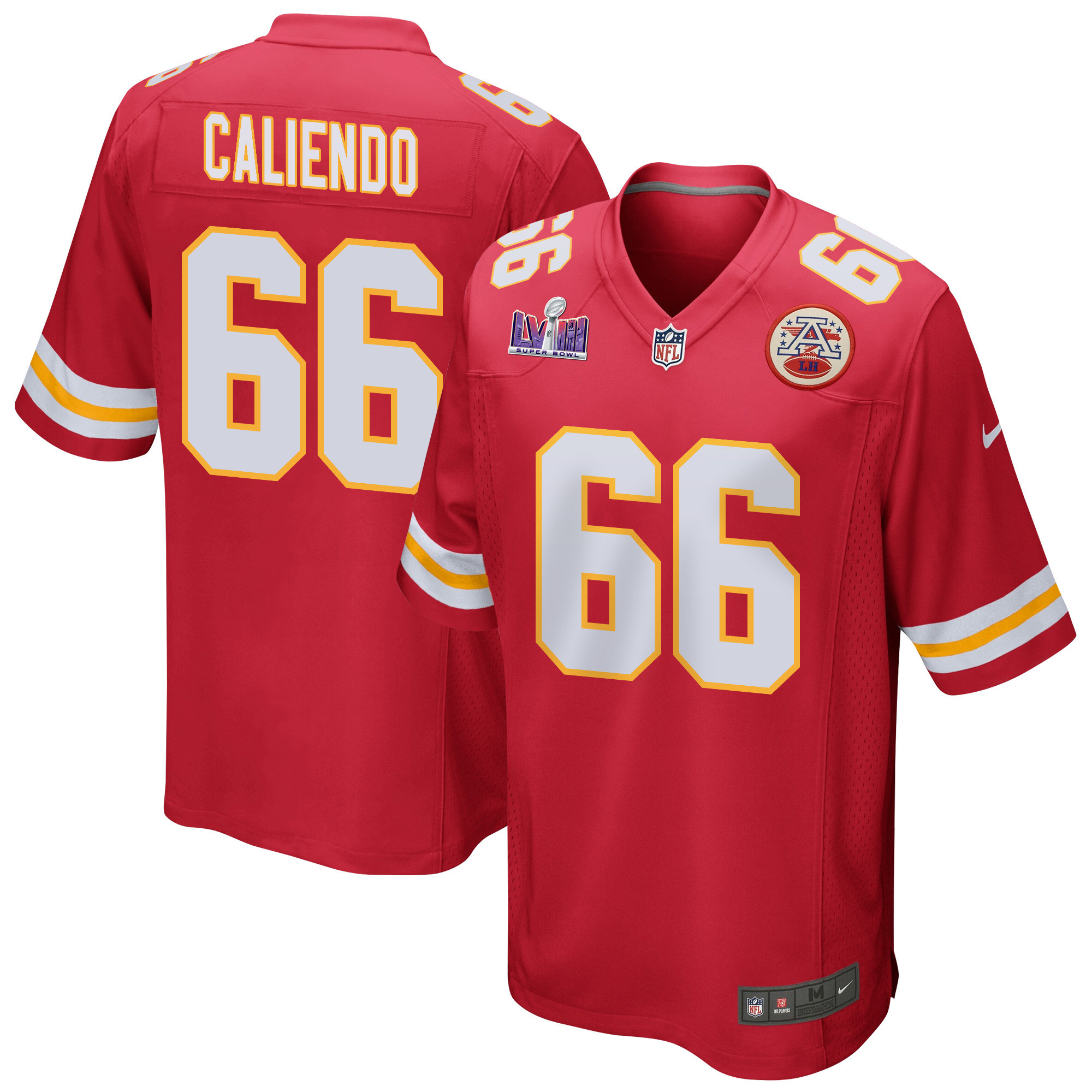 Mike Caliendo 66 Kansas City Chiefs Super Bowl LVIII Patch Game Red NFL Jersey Men's