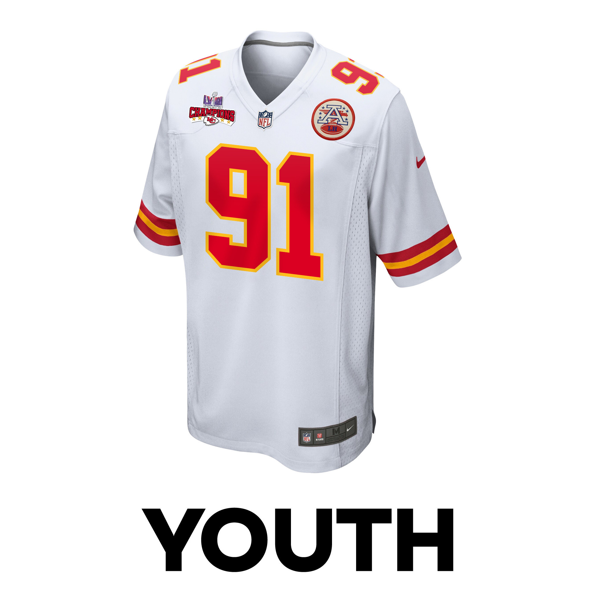 Derrick Nnadi 91 Kansas City Chiefs Super Bowl LVIII Champions 4 Stars Patch Game White NFL Jersey Youth