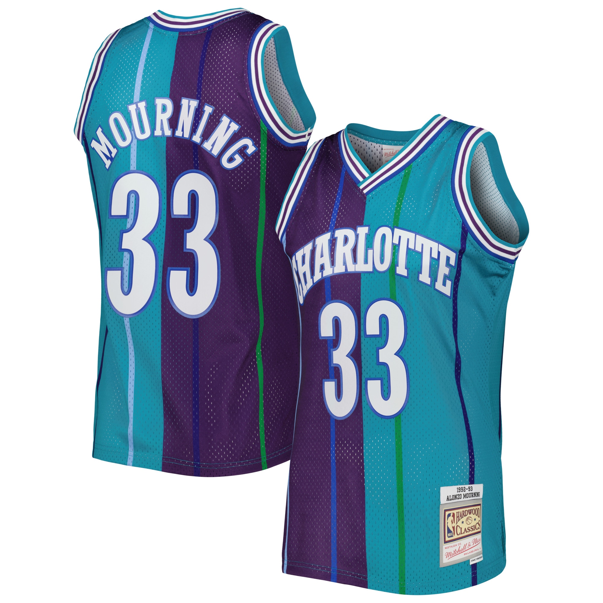 Mitchell Ness Alonzo Mourning Teal/Purple Charlotte Hornets Hardwood Classics 1992/93 Split Swingman NBA Jersey Men's