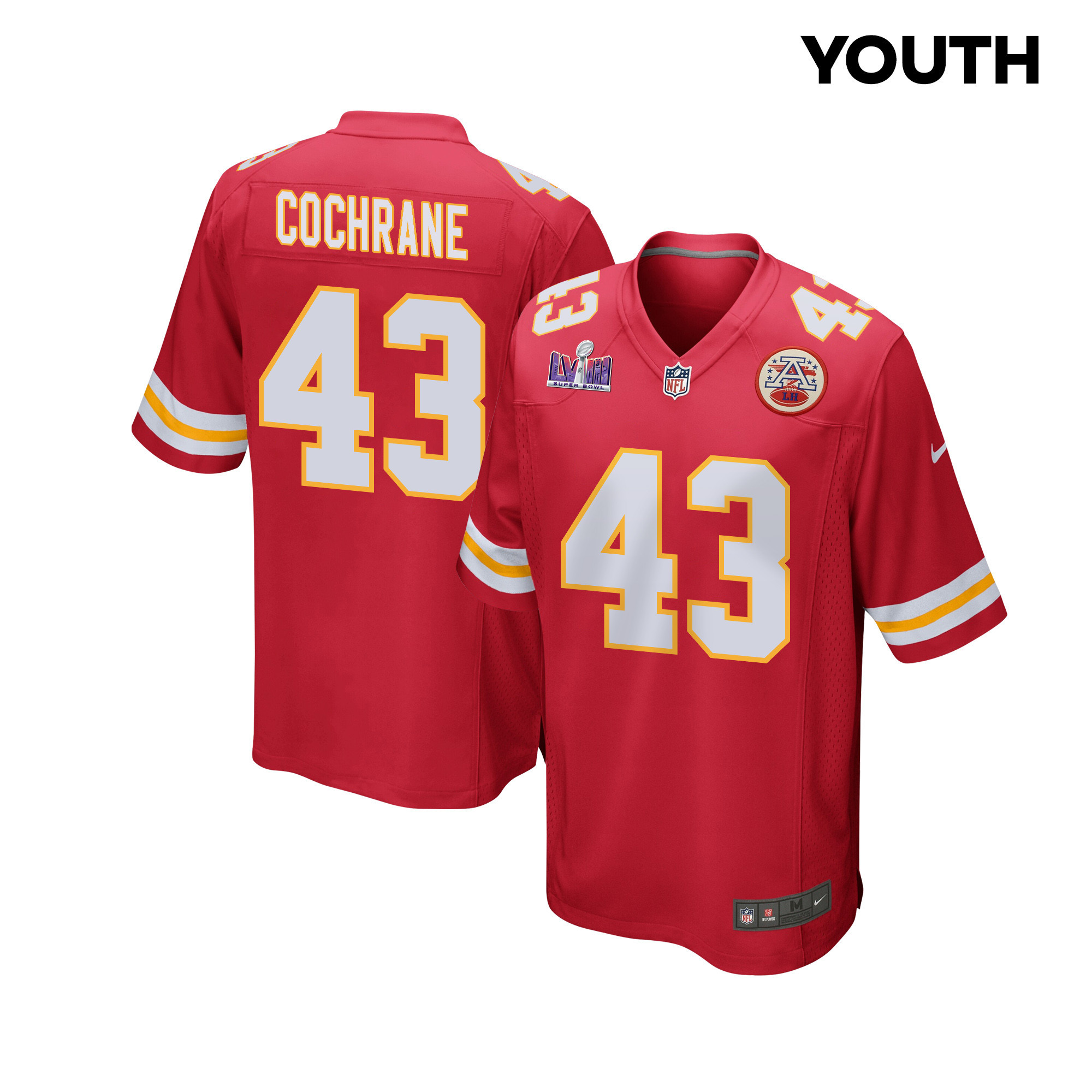 Jack Cochrane 43 Kansas City Chiefs Super Bowl LVIII Patch Game Red NFL Jersey Youth