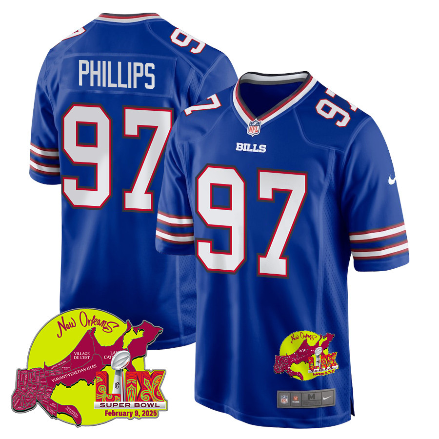 Jordan Phillips 97 Buffalo Bills Super Bowl LIX New Orleans Patch Game Royal NFL Jersey Men's