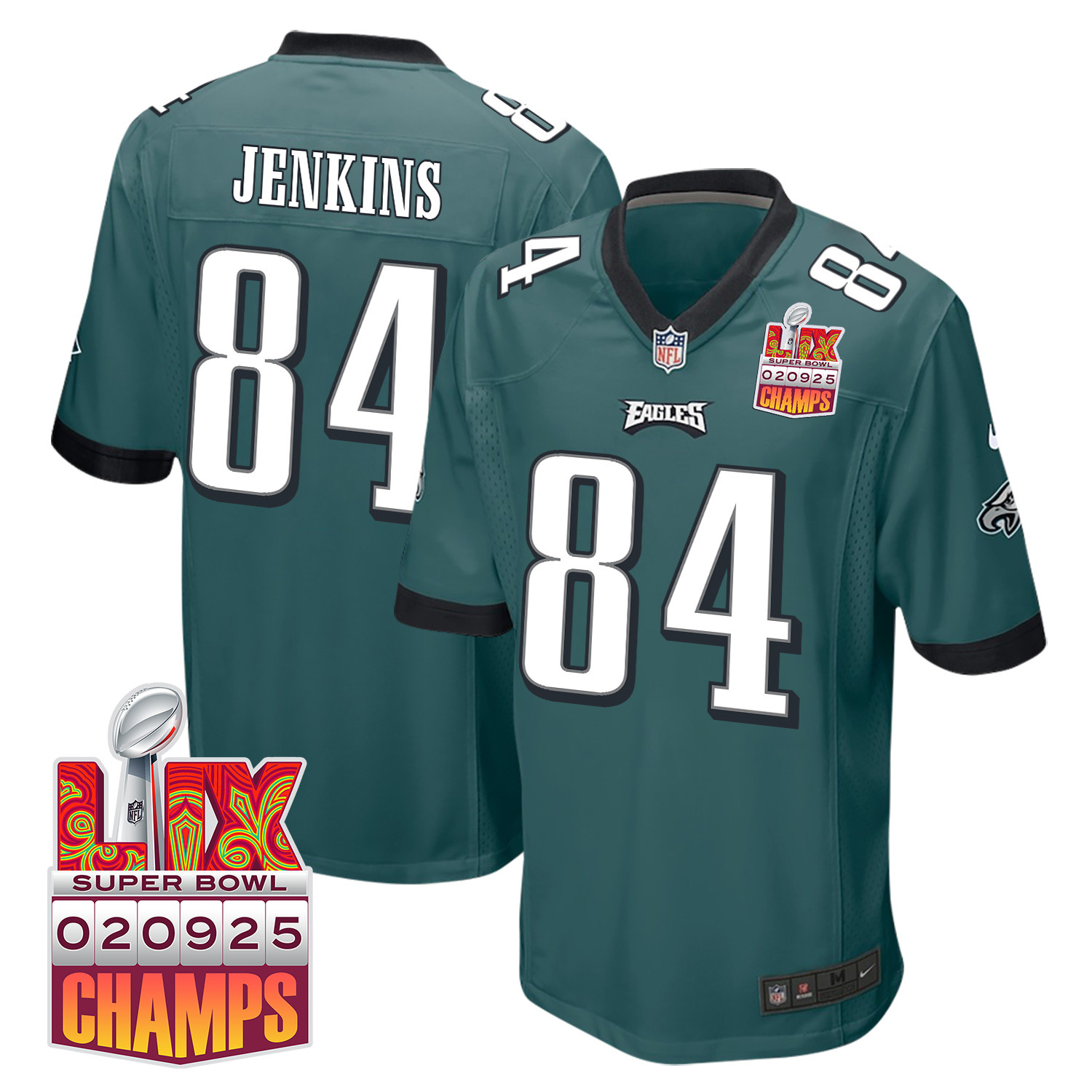 E.J. Jenkins 84 Philadelphia Eagles Super Bowl LIX Champions Patch Game Midnight Green NFL Jersey Men's