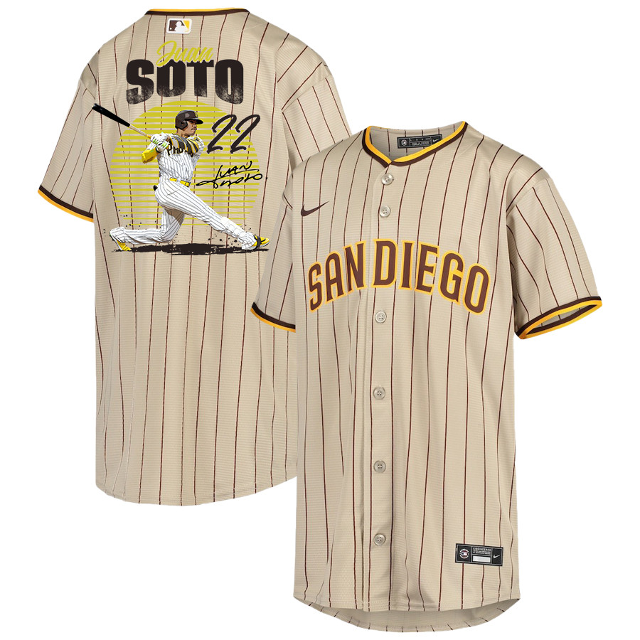Juan Soto 22 San Diego Padres Signed Hit 2023 Alternate Player Sand/Brown MLB Jersey Youth