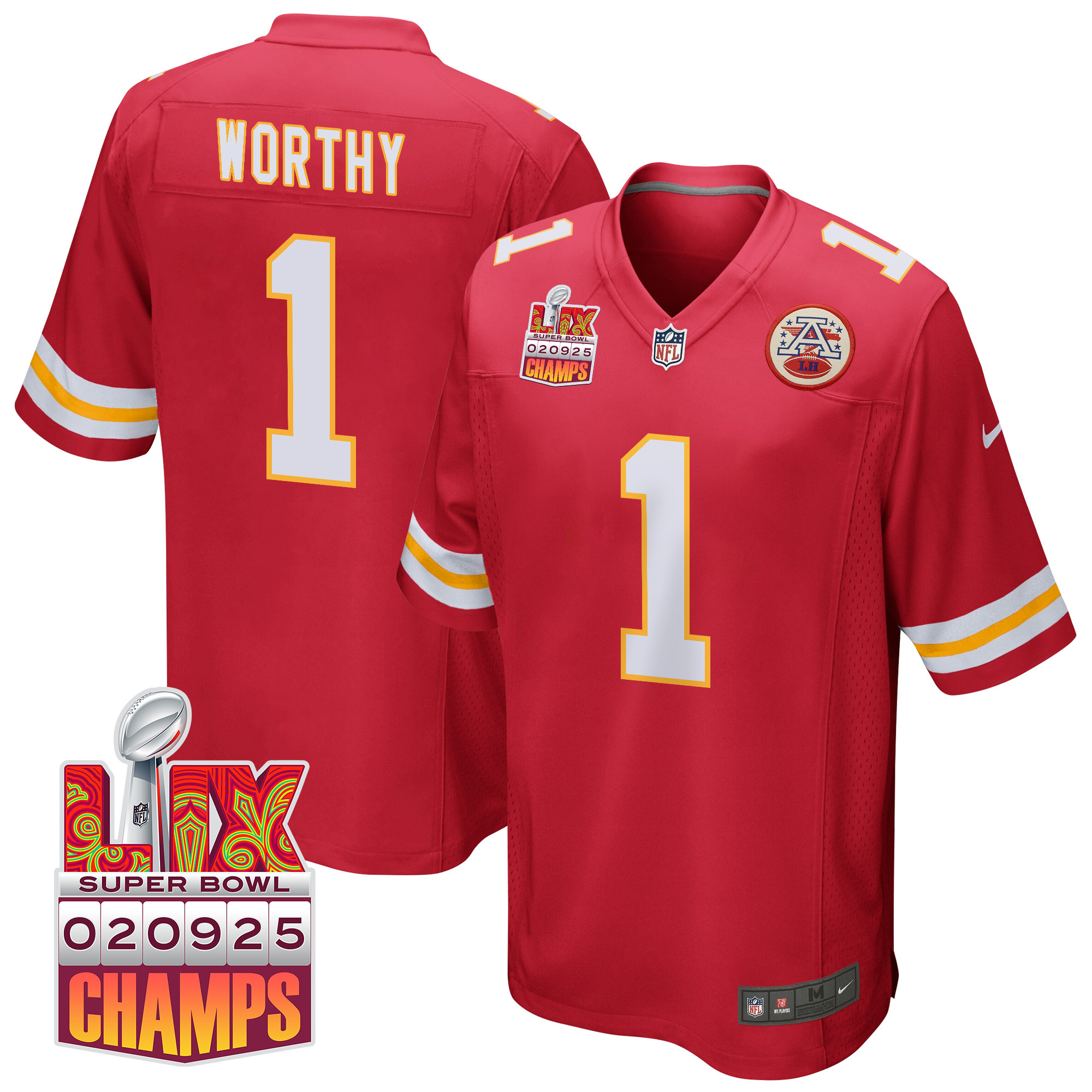 Xavier Worthy 1 Kansas City Chiefs Super Bowl LIX Champions Patch Game Red NFL Jersey Men's