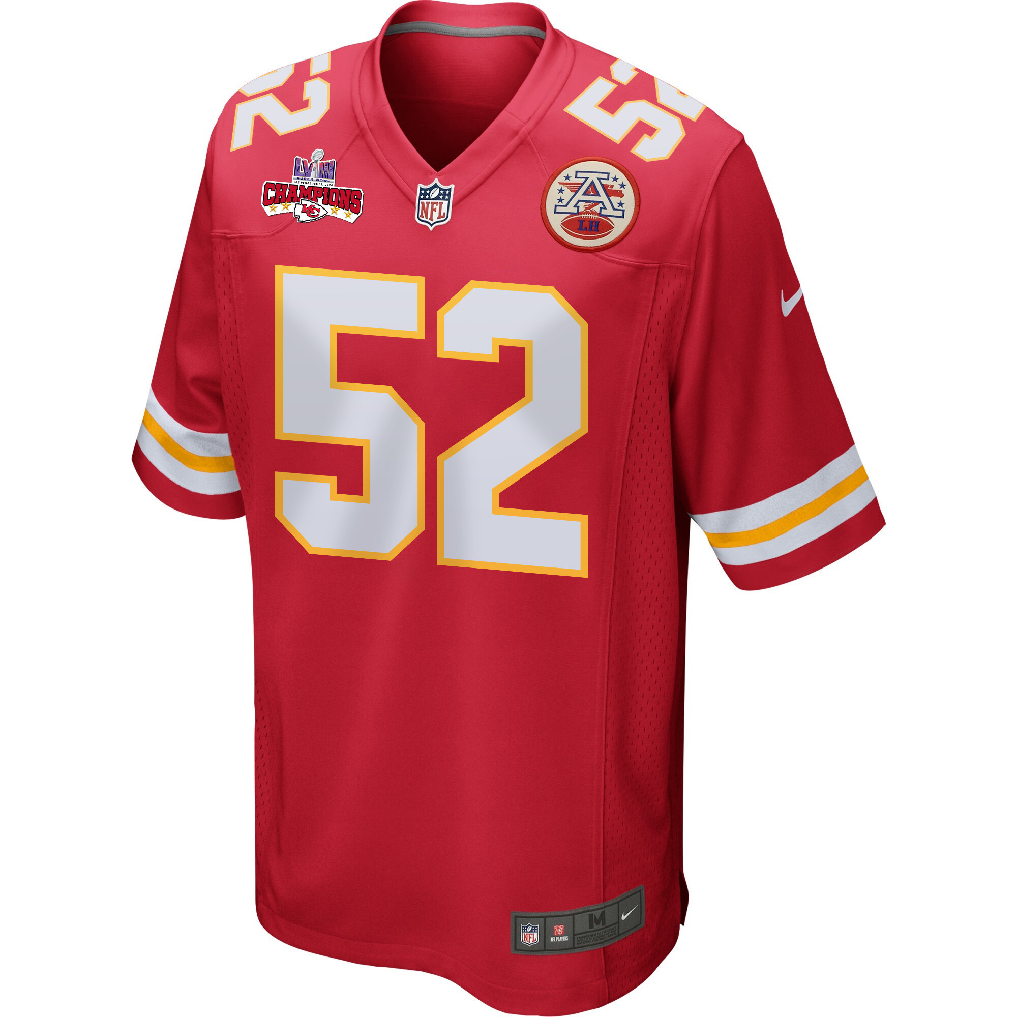 Creed Humphrey 52 Kansas City Chiefs Super Bowl LVIII Champions 4 Stars Patch Game Red NFL Jersey Men's
