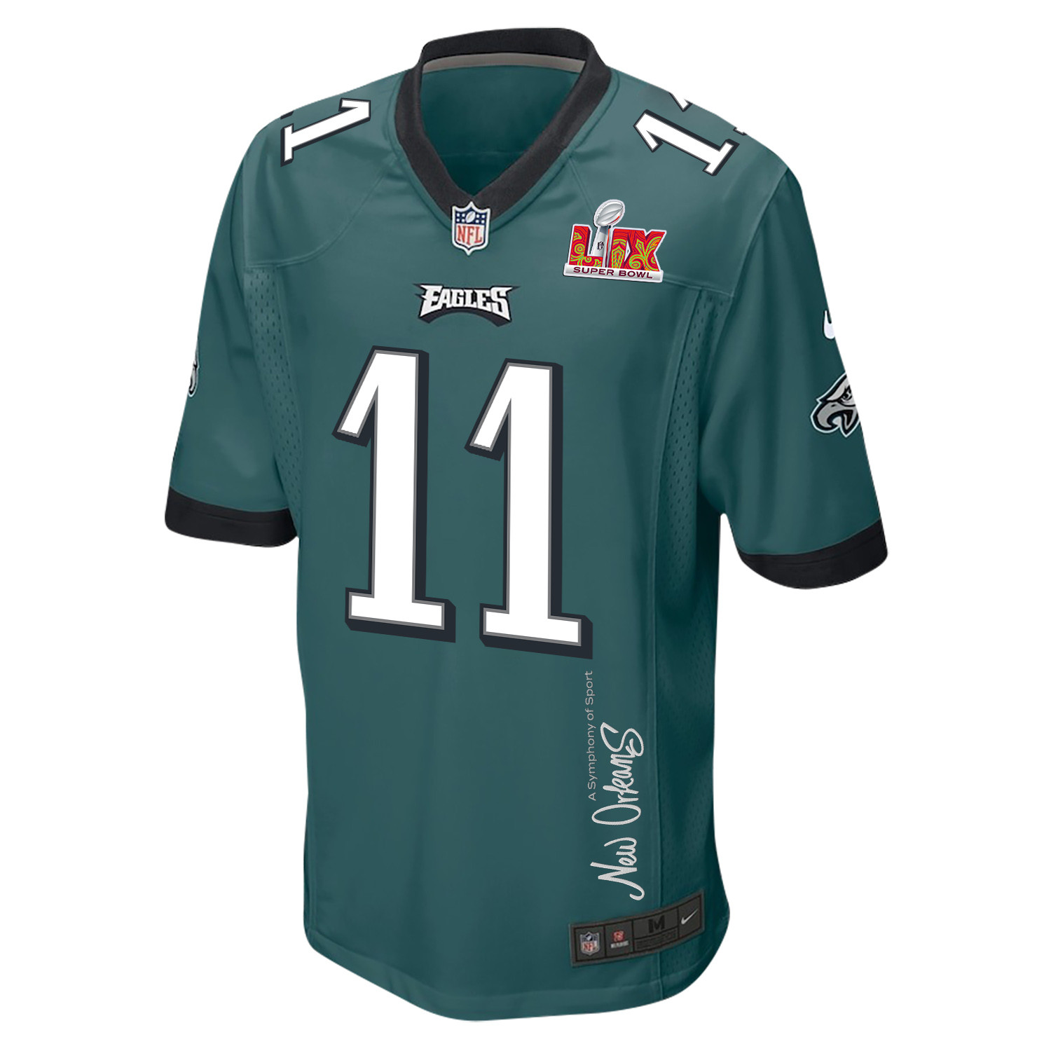 A.J. Brown 11 Philadelphia Eagles Super Bowl LIX New Orleans A Symphony of Sport' EMBROIDERED Game Midnight Green NFL Jersey Men's