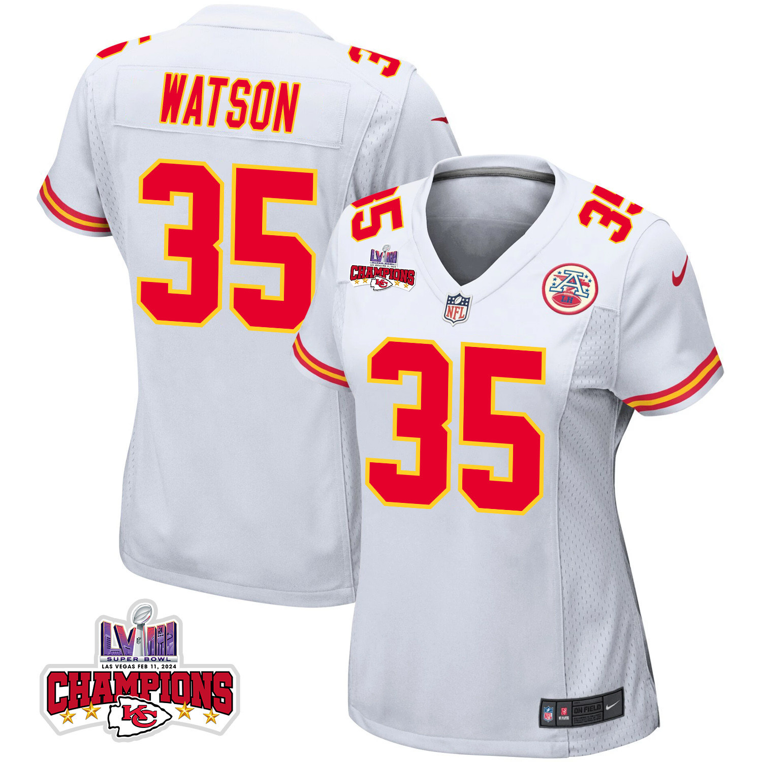 Jaylen Watson 35 Kansas City Chiefs Super Bowl LVIII Champions 4 Stars Patch Game White NFL Jersey Women's
